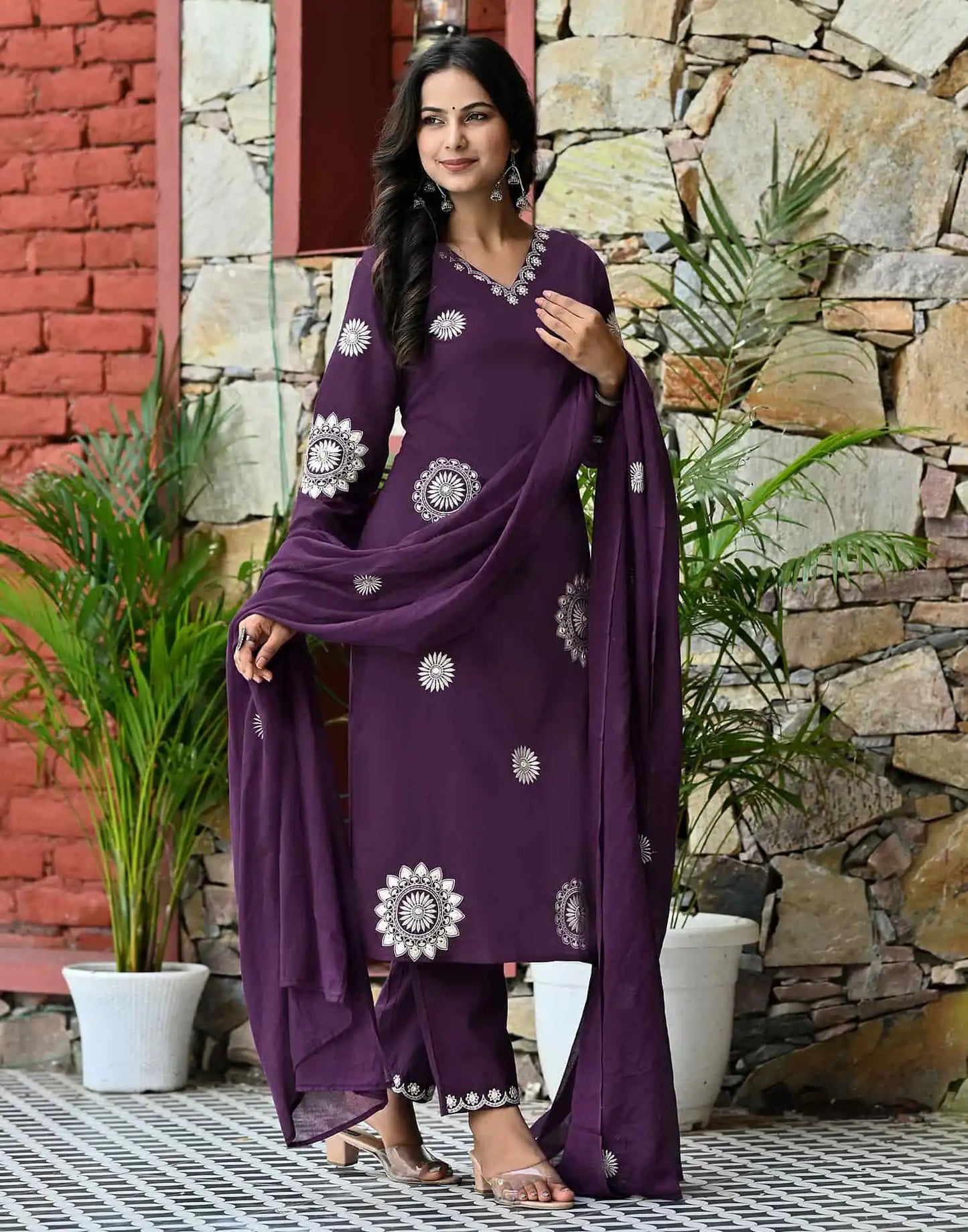 Cotton Straight Embroidery V-Neck Kurta with Pant & Dupatta