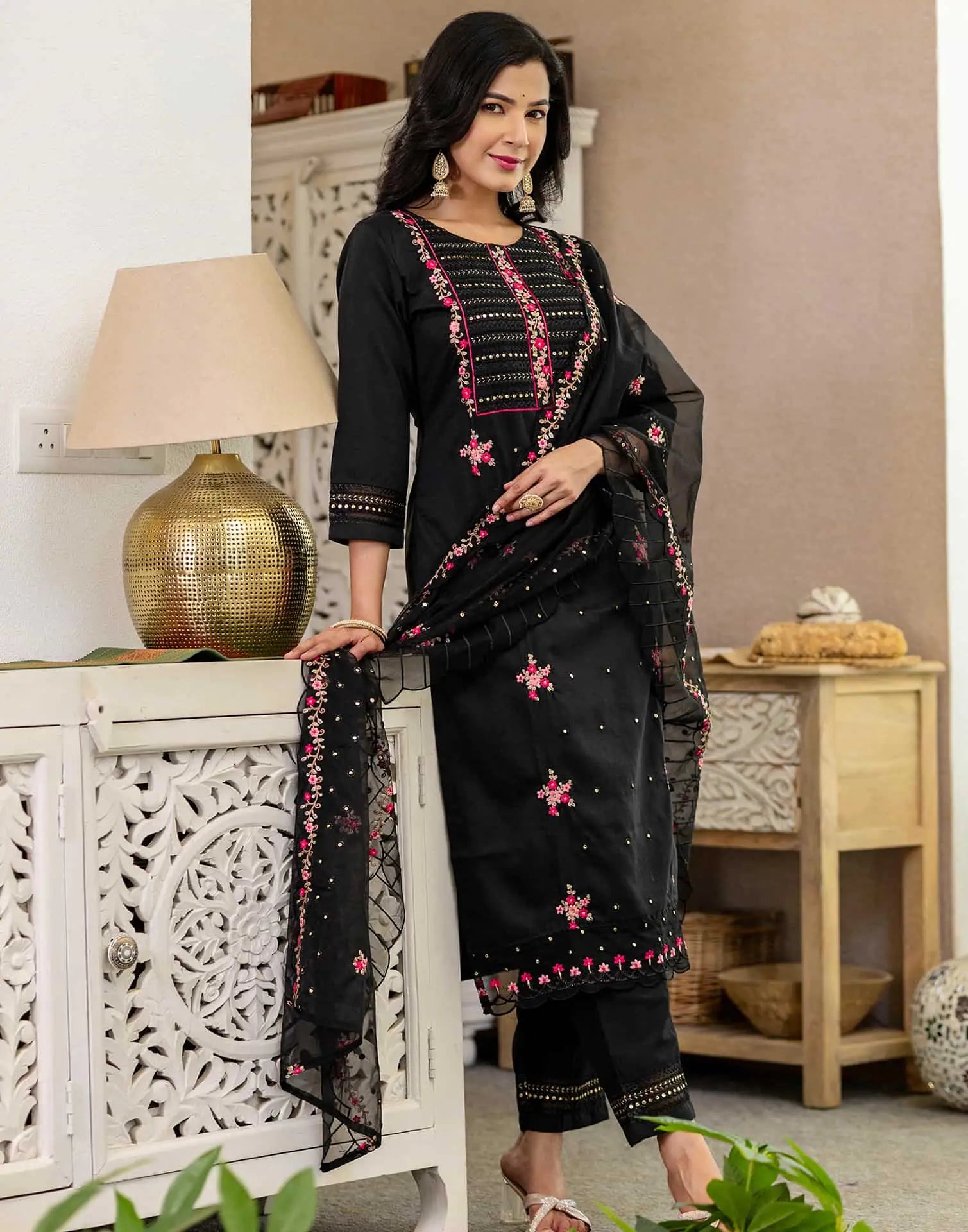 Black Silk Blend Embroidery and Sequins Work Straight Kurta with Pant and Dupatta