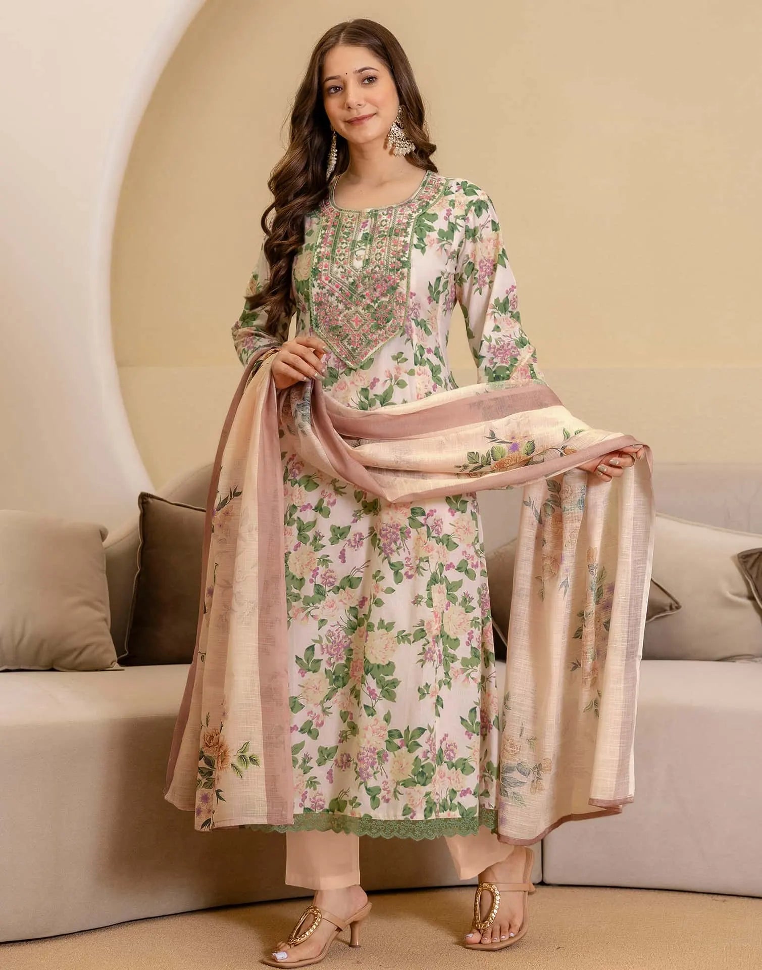 Beige Cotton Printed Anarkali Kurta with Pant & Dupatta