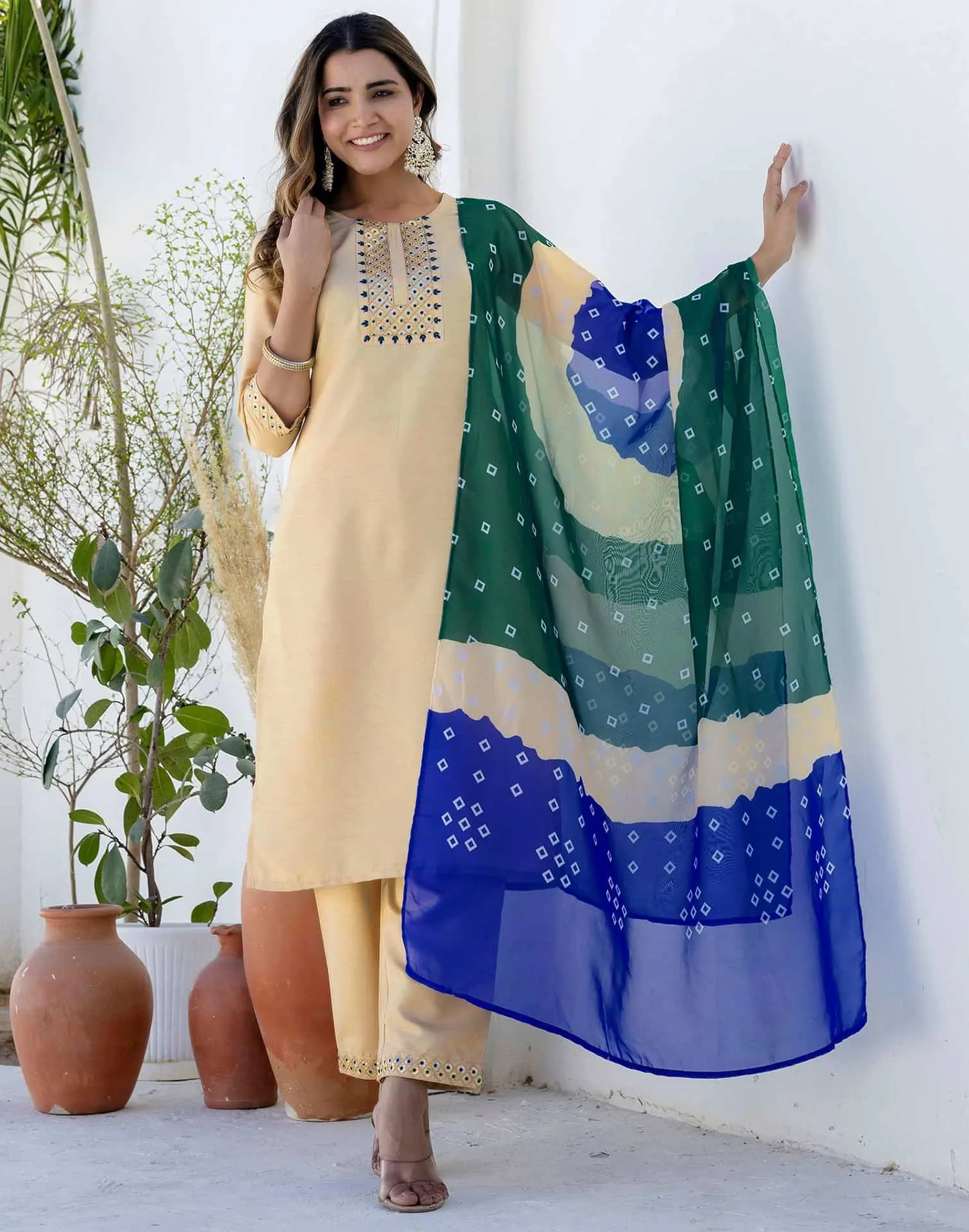 Silk Embroidery and Sequins Work, Embroidery Lace Straight Kurta with Pant & Dupatta