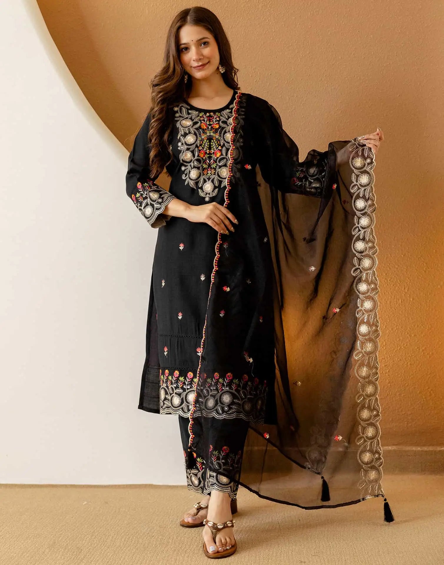 Black Silk Embroidered Straight Kurta Set with Pant & Dupatta under 1299 