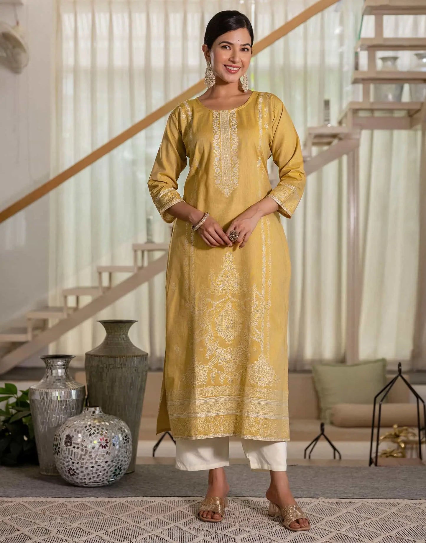 Affordable Beige Cotton Woven Straight Kurta Set Round-Neck Woven Cotton Kurti with Pant & Dupatta