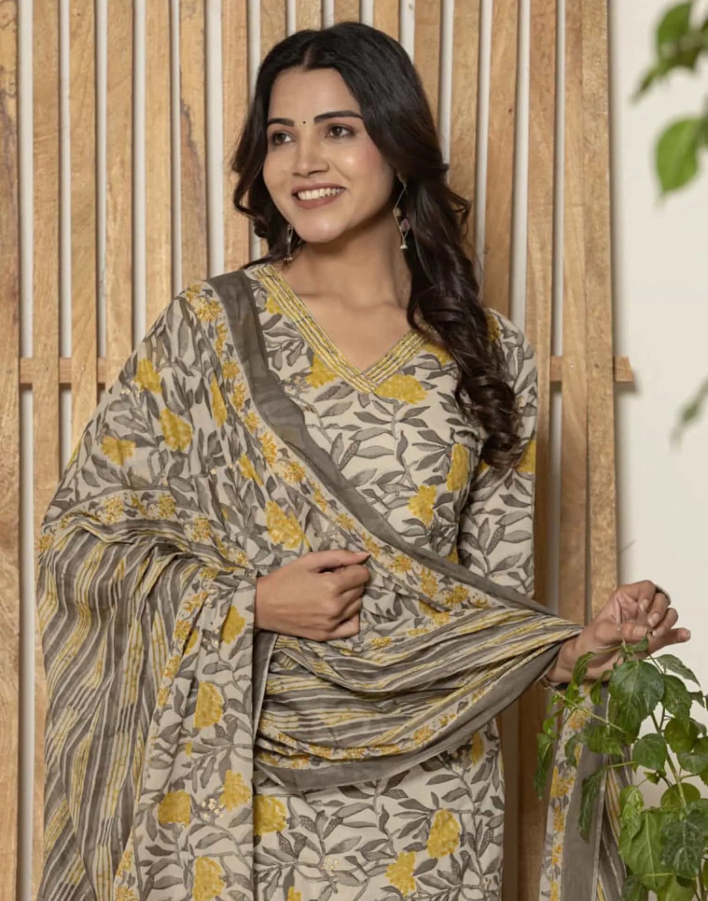 Cotton Straight Printed V-Neck Kurta with Pant & Dupatta