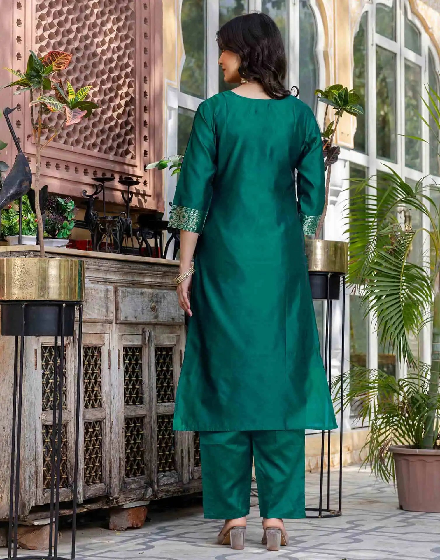 Green Silk Blend Woven Straight Kurta Set for Women with Pant & Dupatta