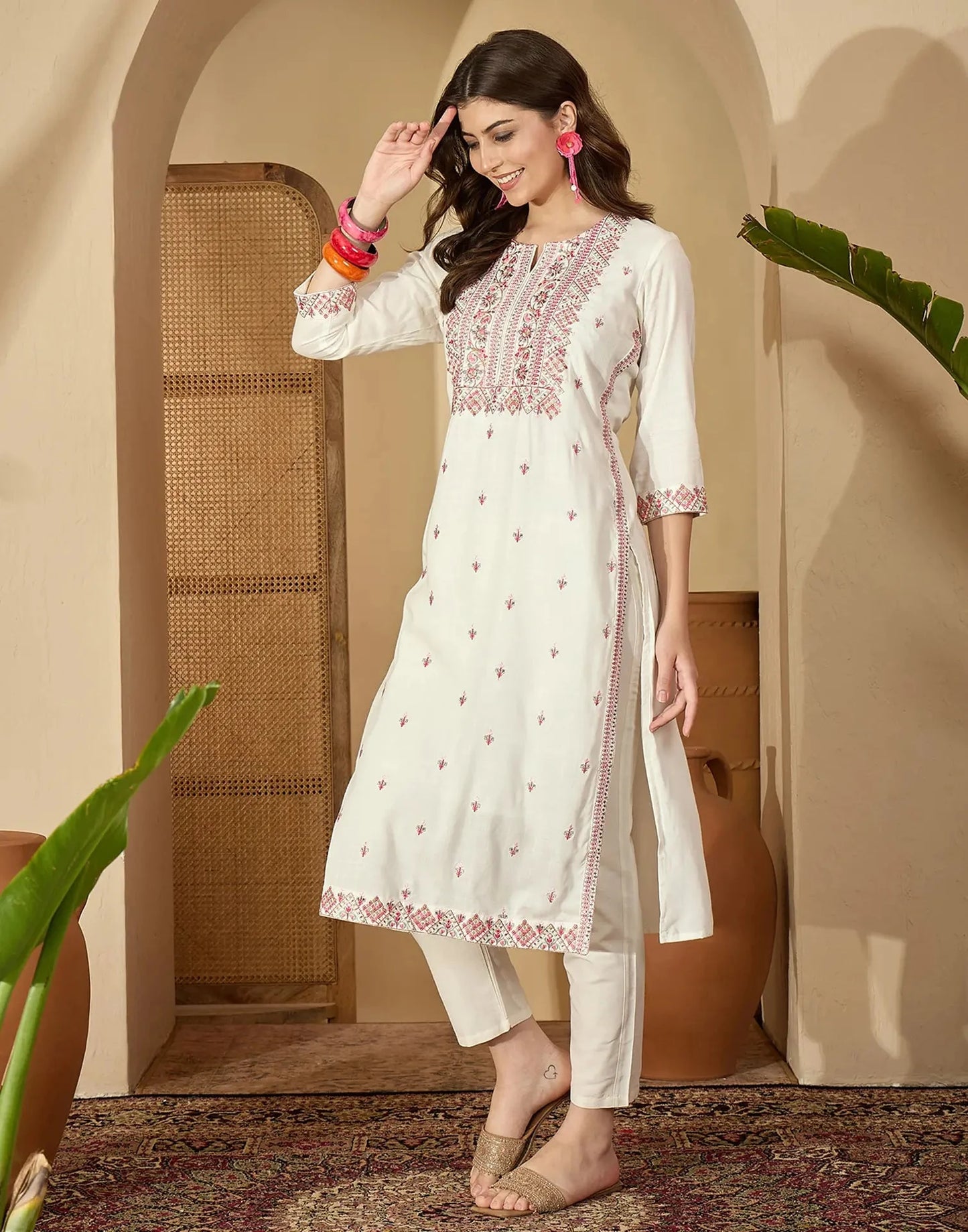 Cotton Embroidered Round Neck Straight Kurti