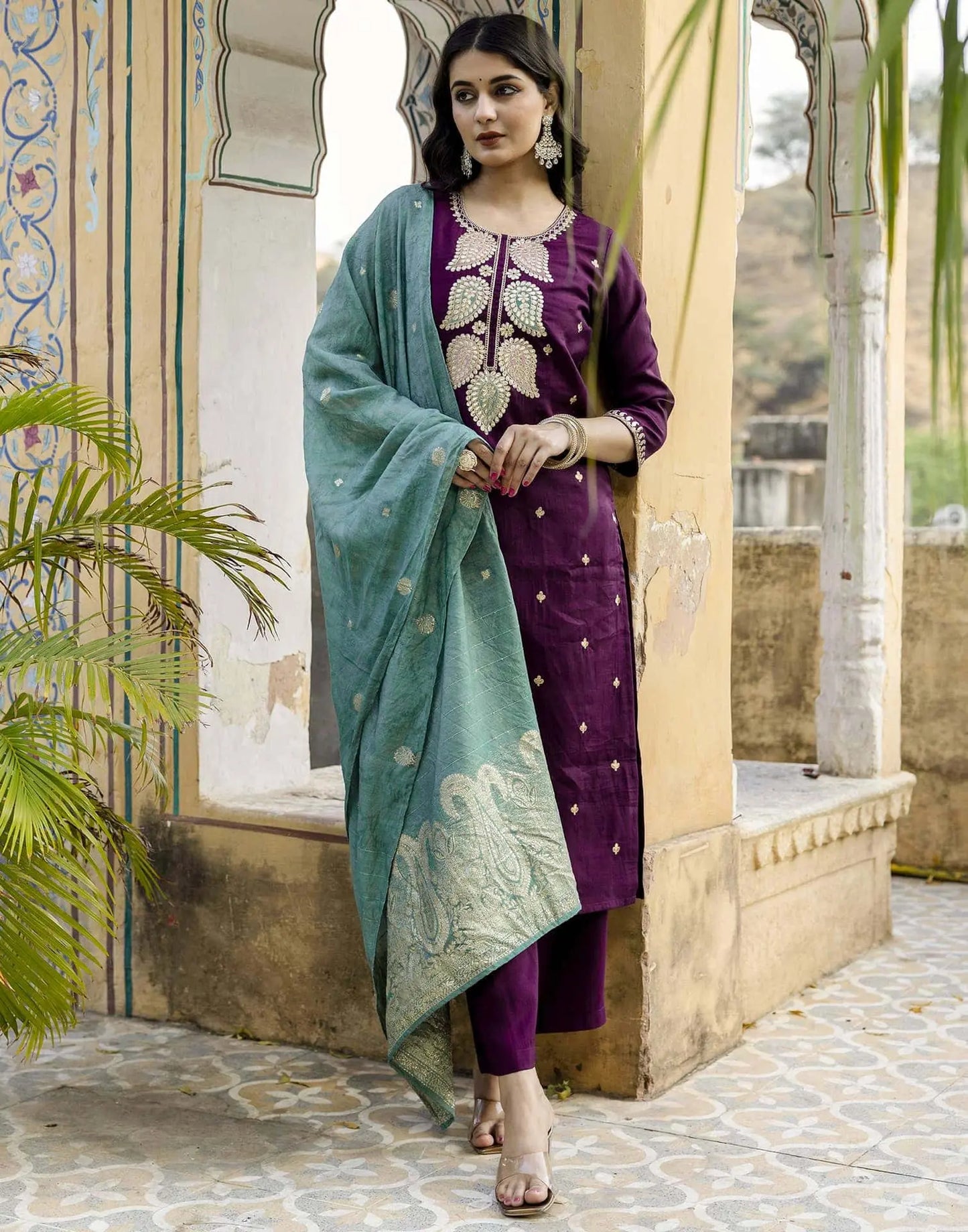Affordable Wine silk heavy embroidered kurta set with dupatta