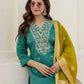 Affordable Green Silk Embroidered Straight Kurta Set V-Neck Silk Kurti with Pant & Dupatta