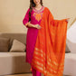 Silk Blend Embroidered Straight Kurta with Pant & Dupatta
