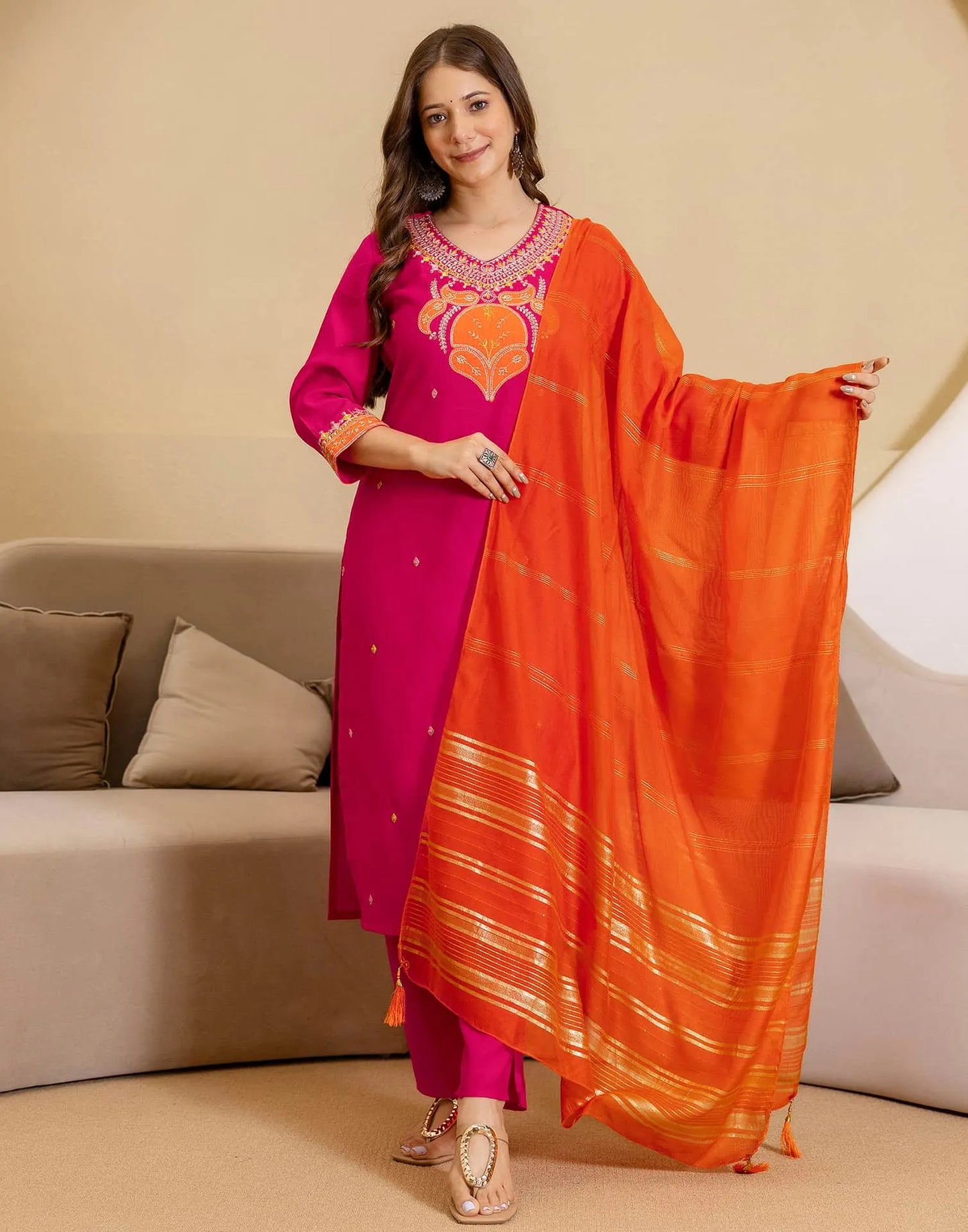 Silk Blend Embroidered Straight Kurta with Pant & Dupatta