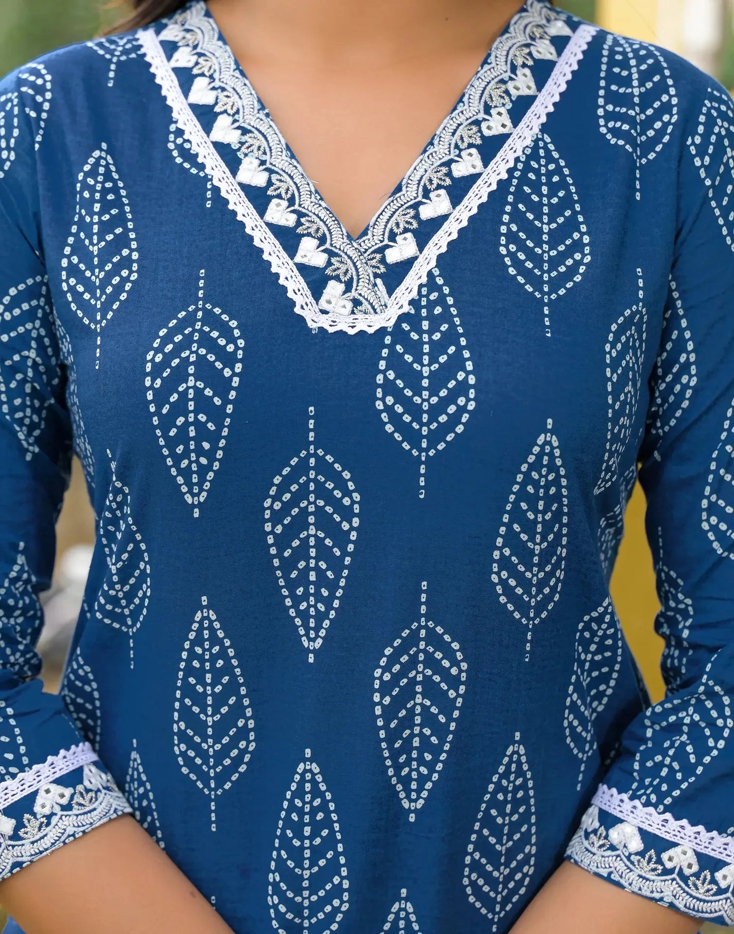 Cotton Printed V-Neck Straight Kurta with Pant & Dupatta