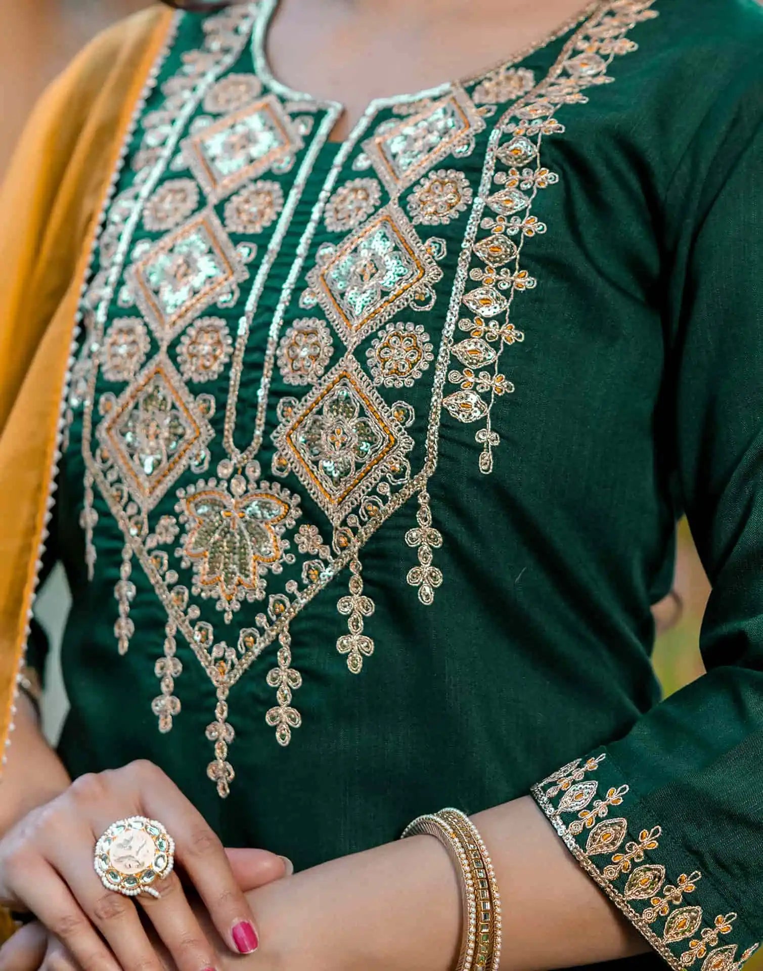 Dark Green Cotton Sequin and Embroidered Straight Kurta Set with Pant & Dupatta for Women