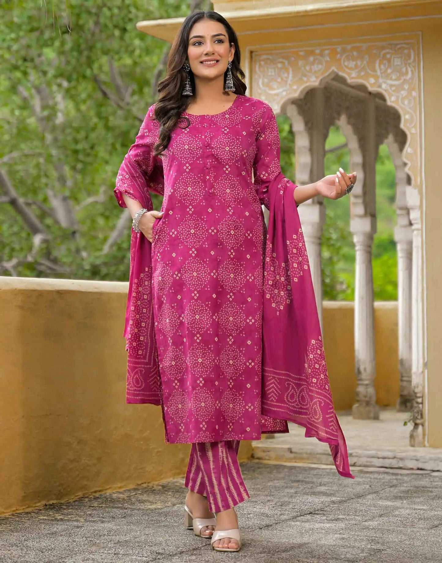 Cotton Straight Printed Round Neck Kurta with Pant & Dupatta
