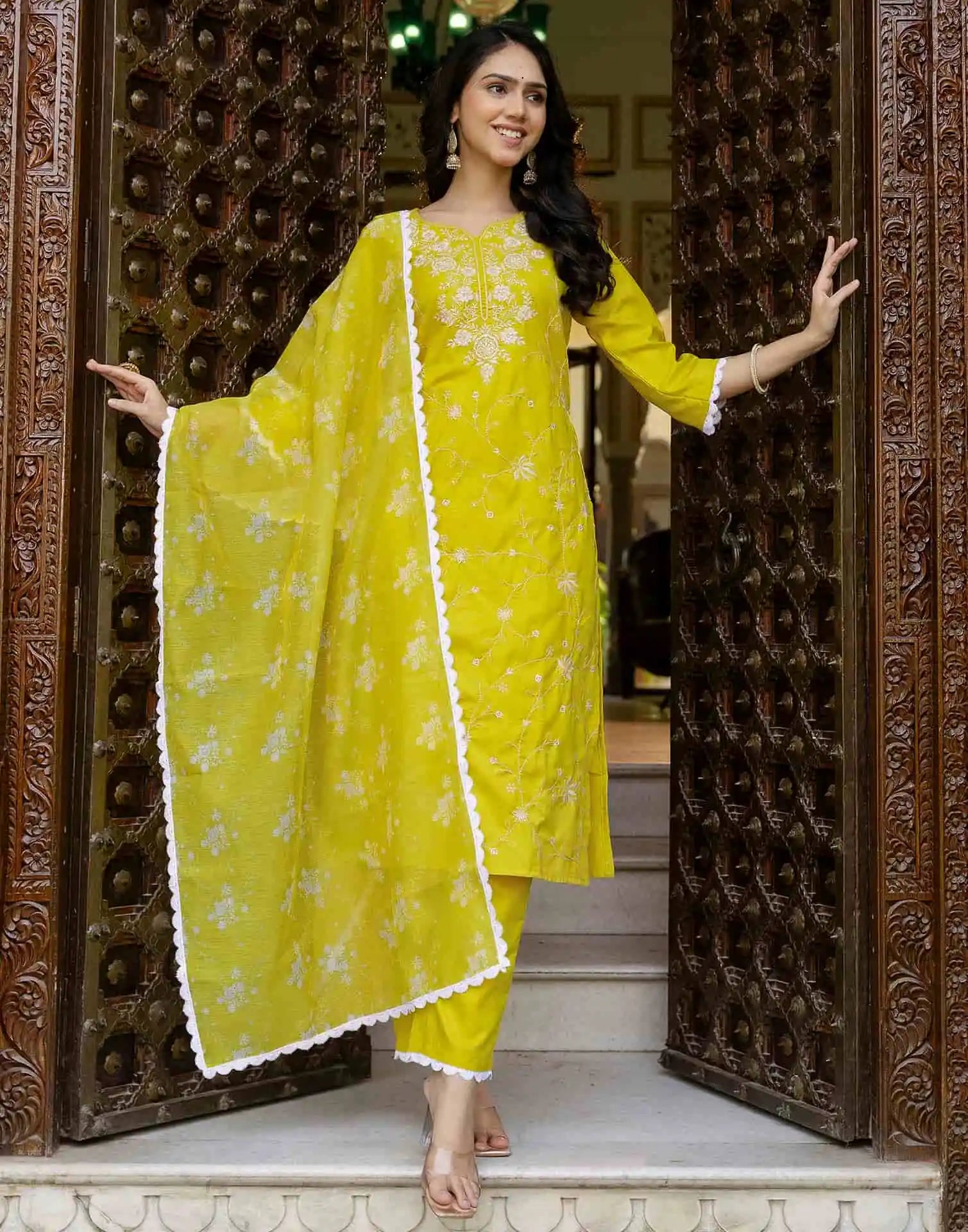 Yellow Cotton Blend Embroidery and Sequins Work Straight Kurta Set for Women