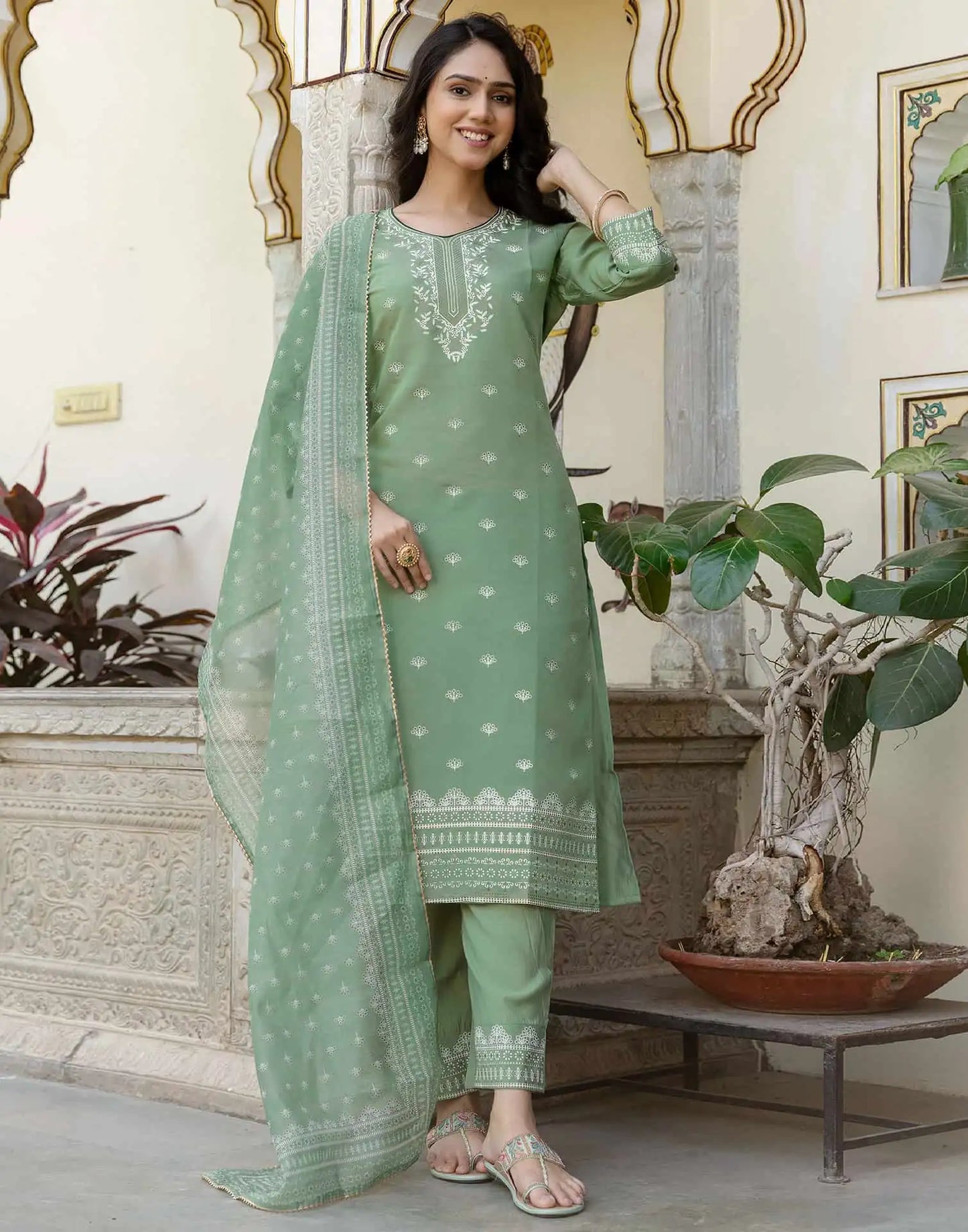 Skylee Green Silk Printed Straight Kurta Set with Pant & Dupatta under 799