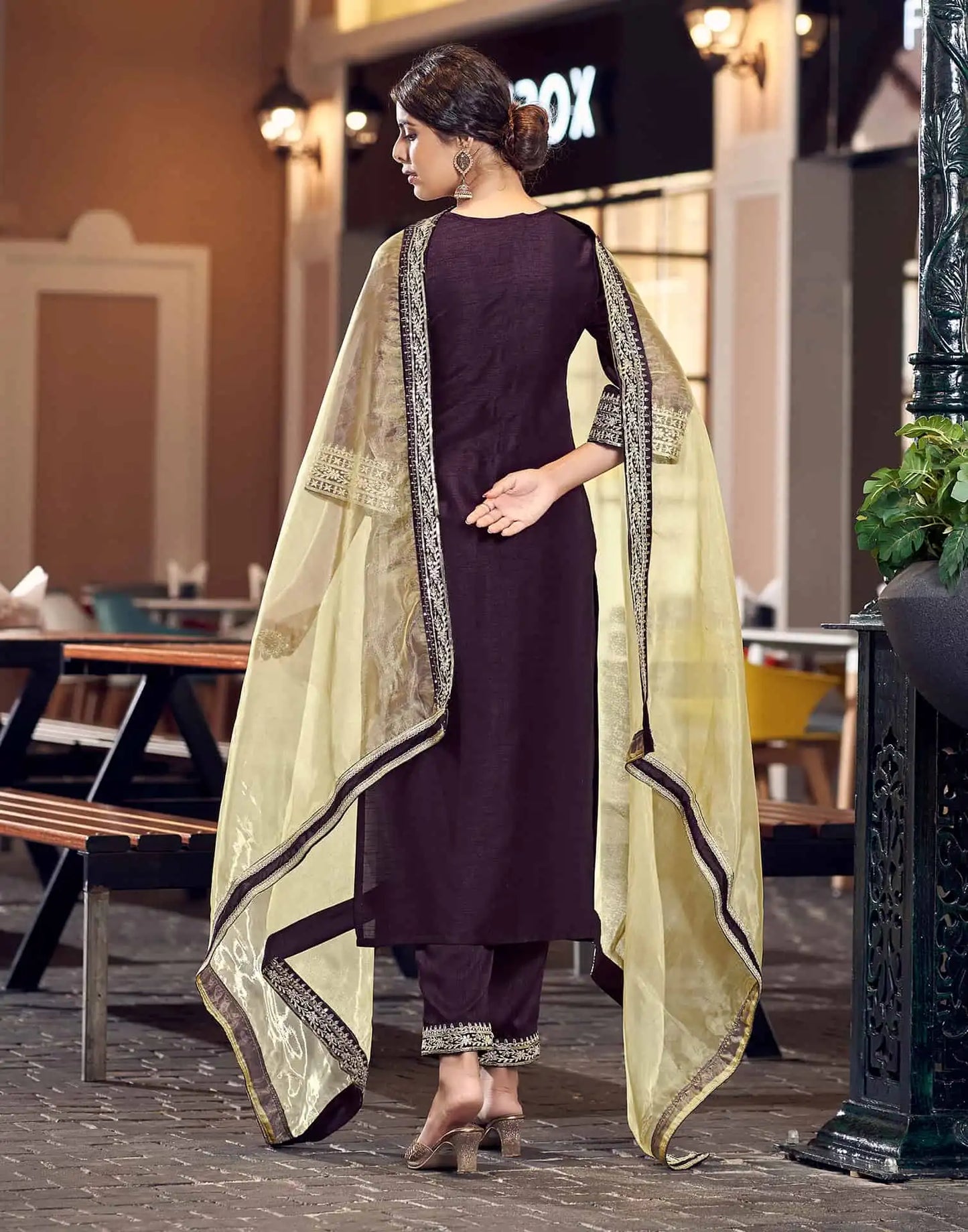 Silk Blend Sequins Embroidery Lace Straight Kurta with Pant & Dupatta