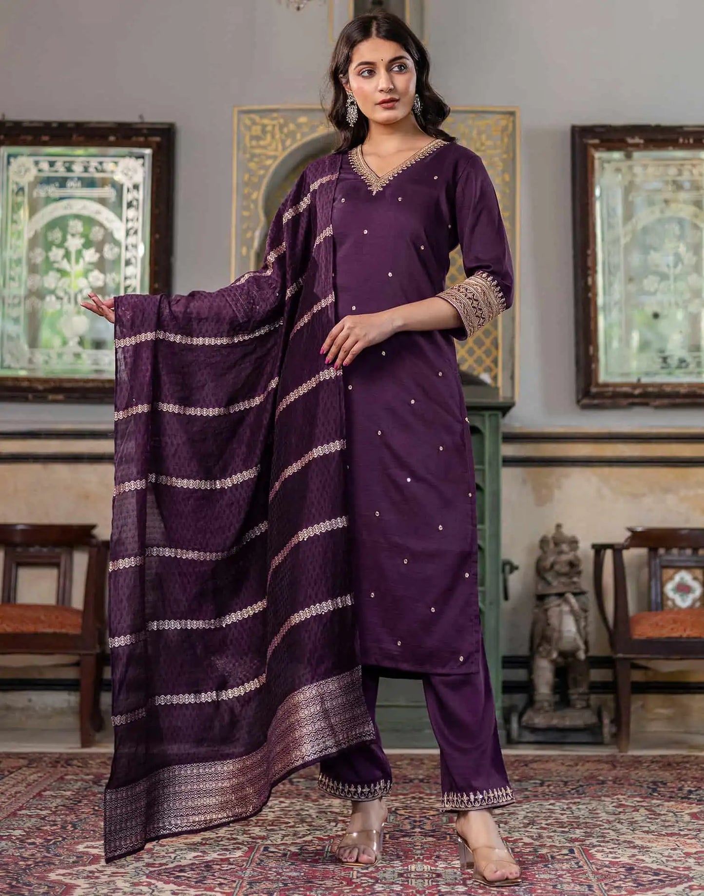 Silk Blend Sequence and Embroidery Work Straight Kurta with Pant & Dupatta