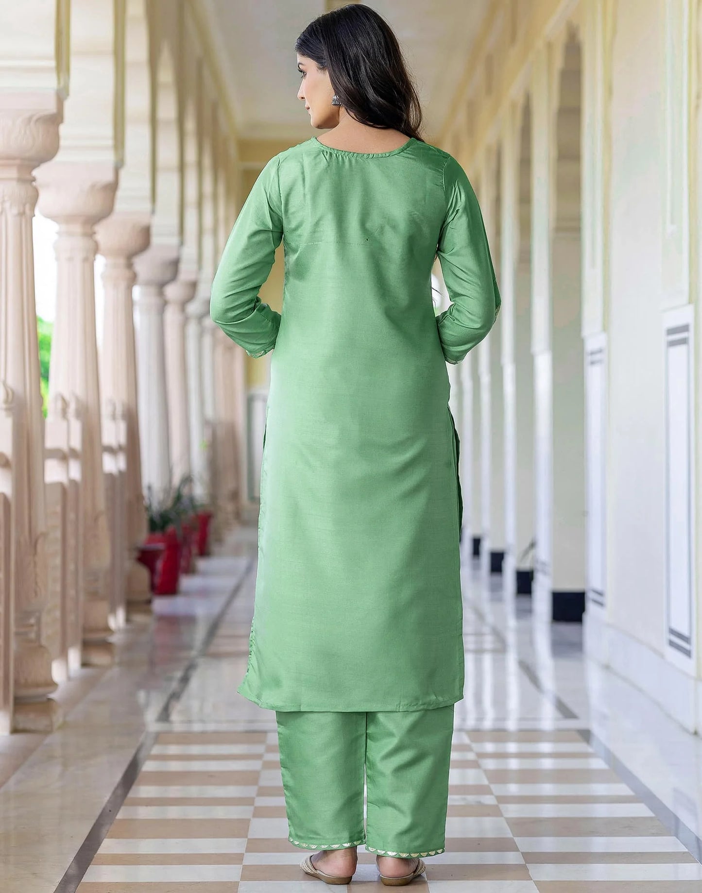 Silk Blend Embroidery and Sequins Work Straight Kurta with Pant & Dupatta