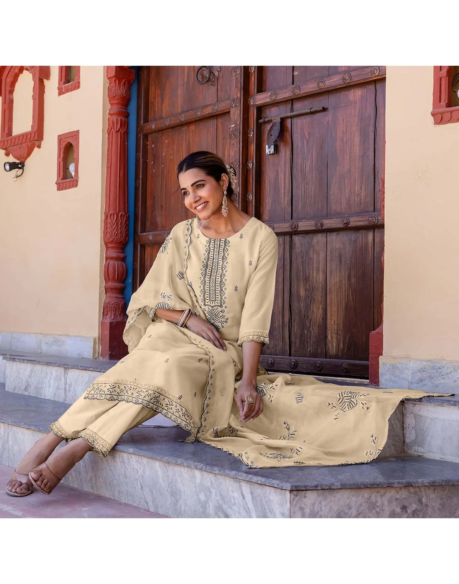 Beige Silk Embroidered and Sequins Work Straight Kurta Set with Pant & Dupatta for Women