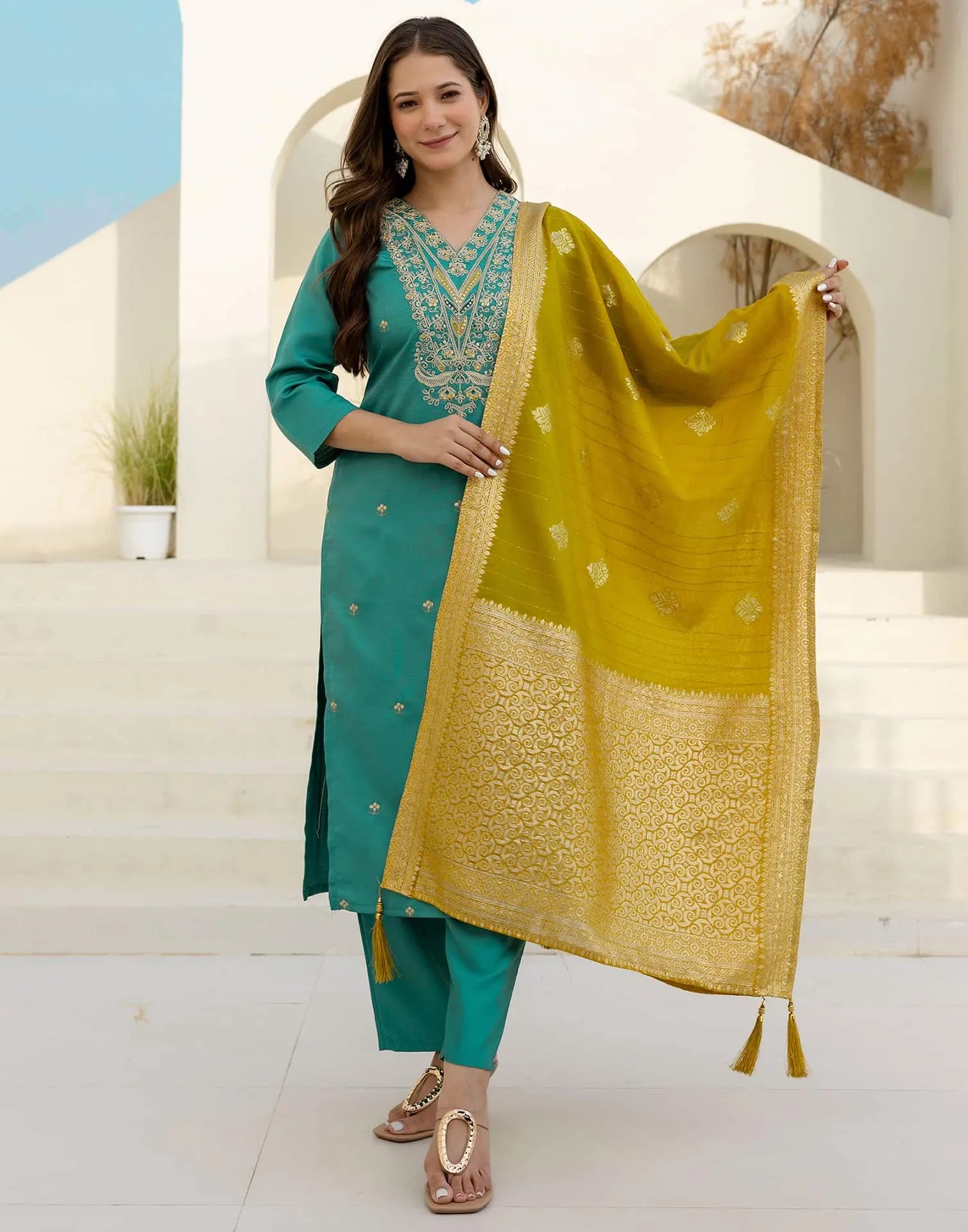 Affordable Green Silk Embroidered Straight Kurta Set V-Neck Silk Kurti with Pant & Dupatta