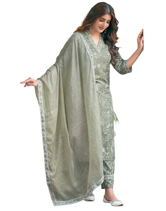 Rayon Floral Printed Straight Kurta Set with Pant and Dupatta in Tea Green