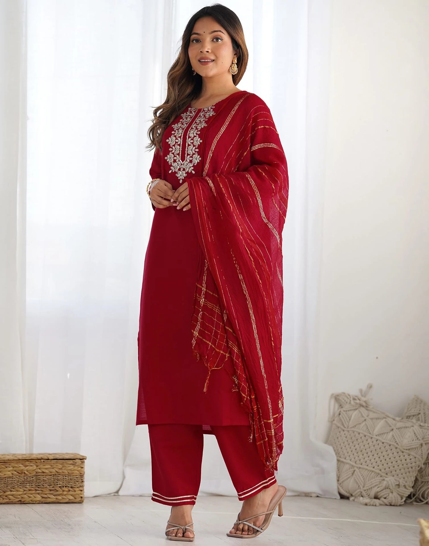 Cotton Blend Sequence, Embroidery and Lace Straight Kurta with Pant & Dupatta