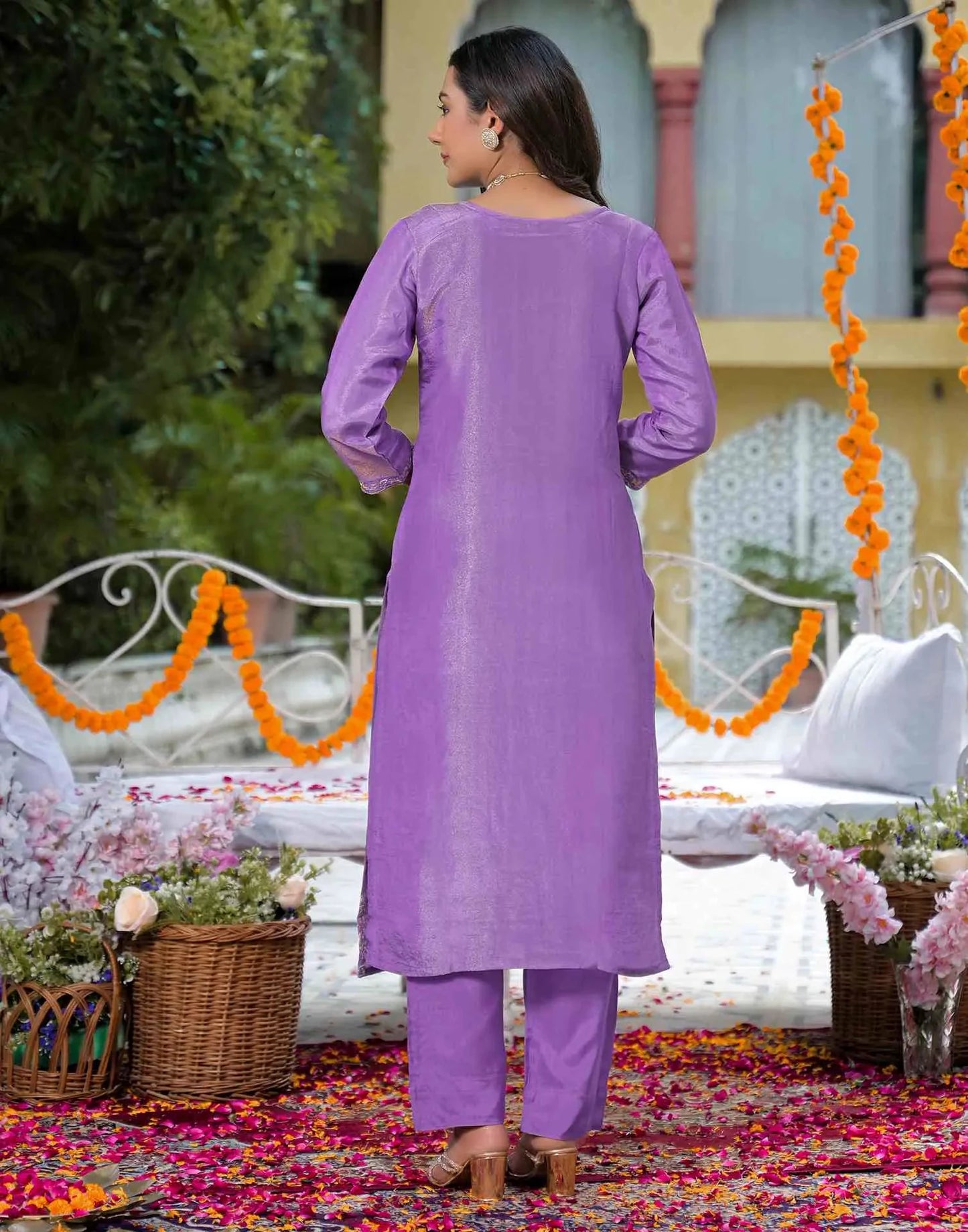 Tissue Silk Embroidered Straight U-Neck Kurta with Pant & Dupatta