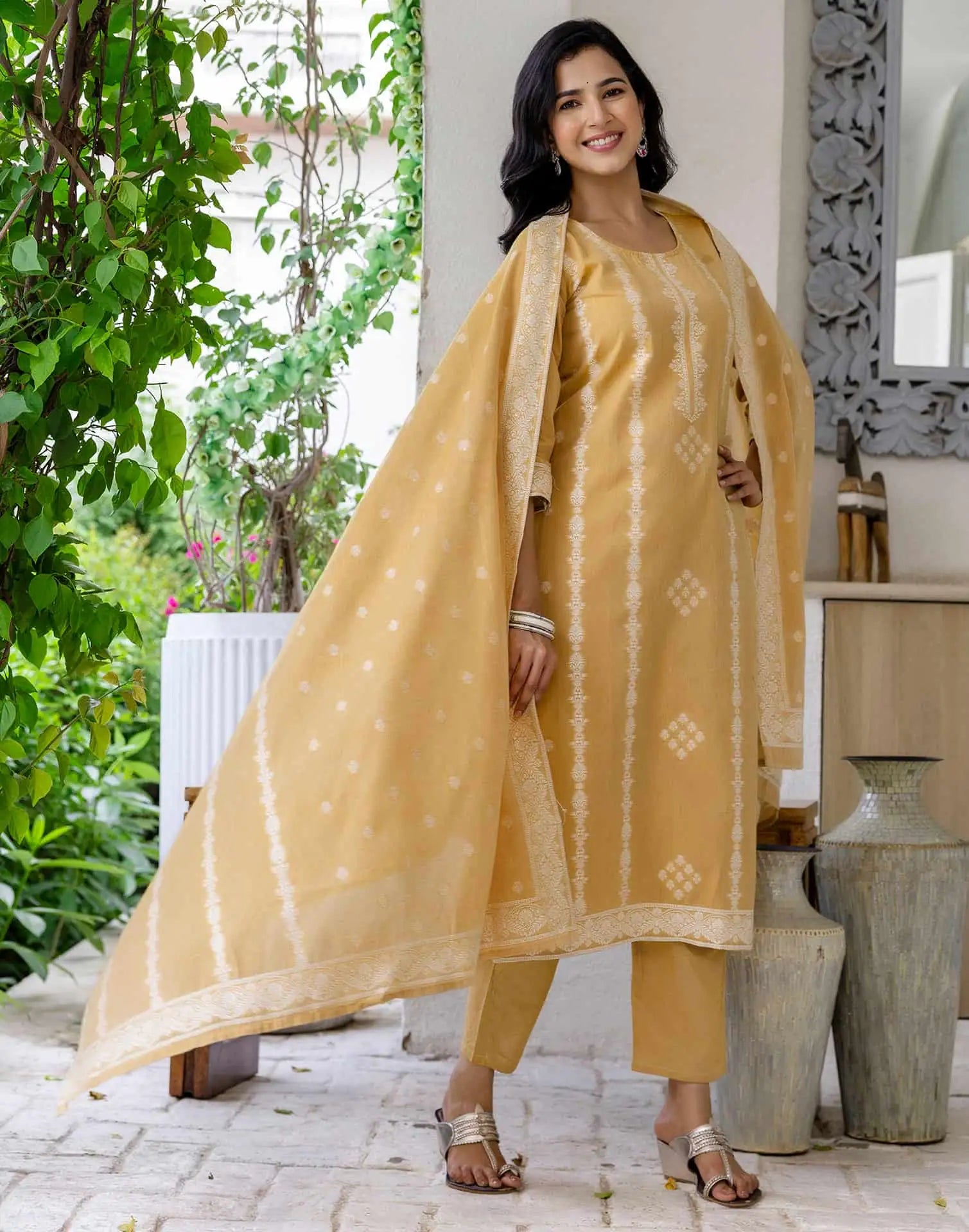 Yellow Cotton Straight Kurta Set with Pant and Dupatta under 1250 