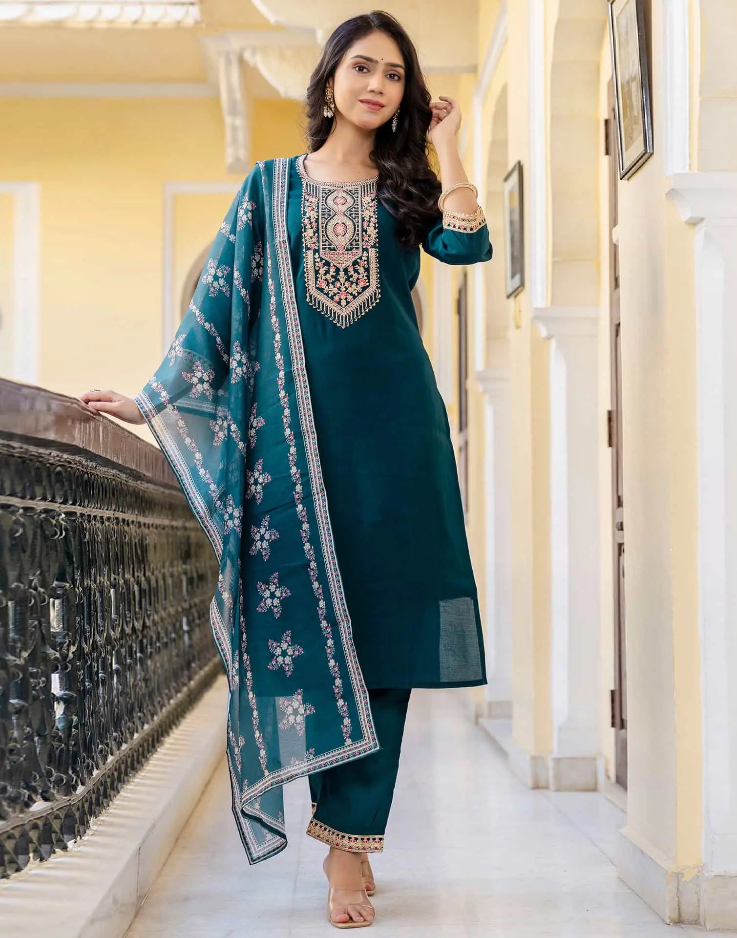 Skylee Green Silk Embroidered Straight Kurta with Pant & Dupatta