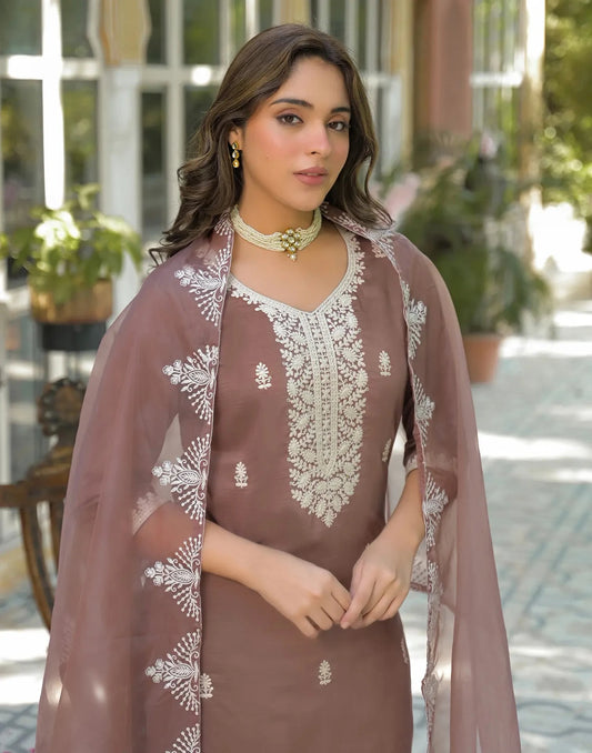 Chinnon Embroidered Straight Round Neck Kurta with Pant & Dupatta