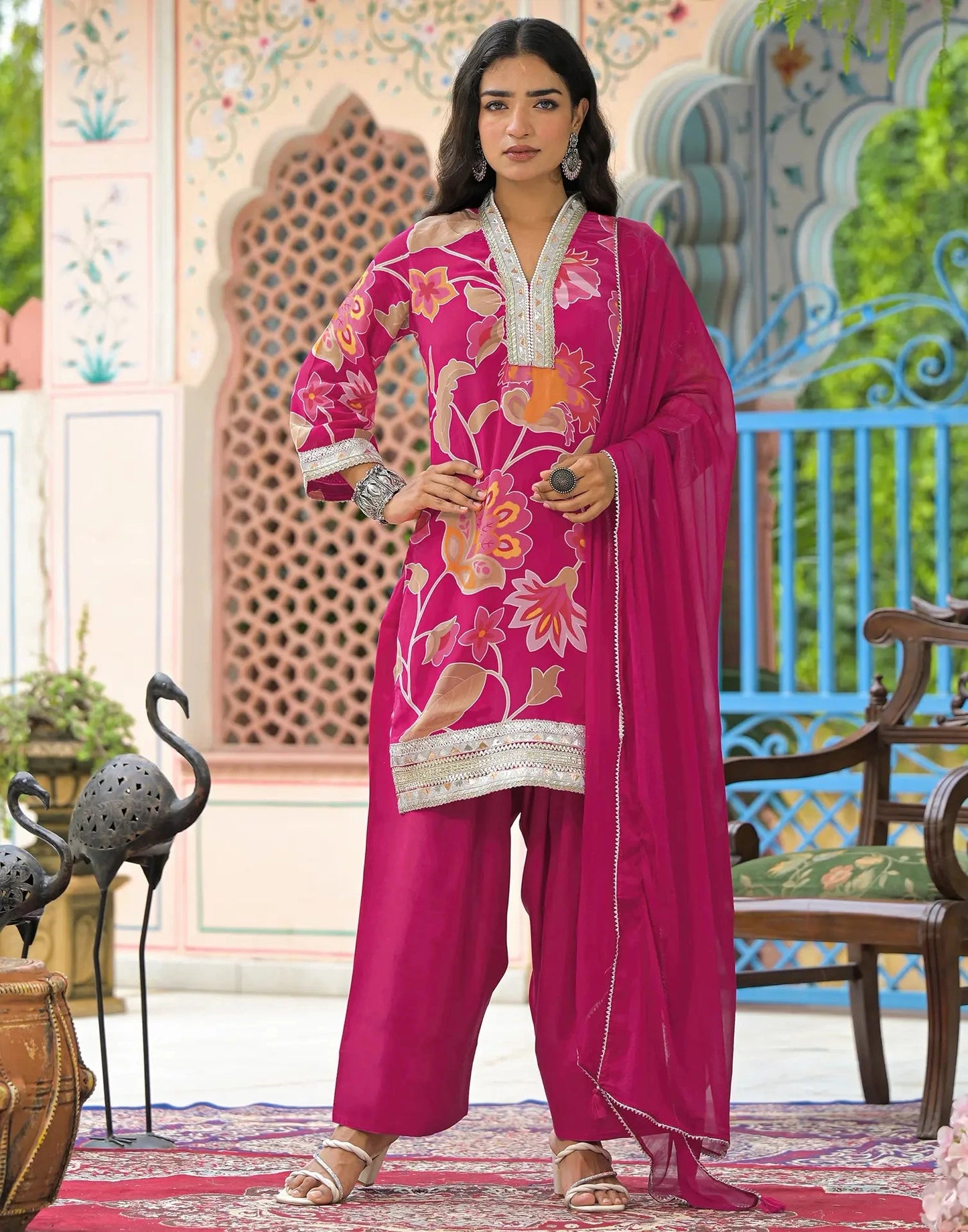 Crepe Printed V-Neck Straight Kurta with Pant & Dupatta