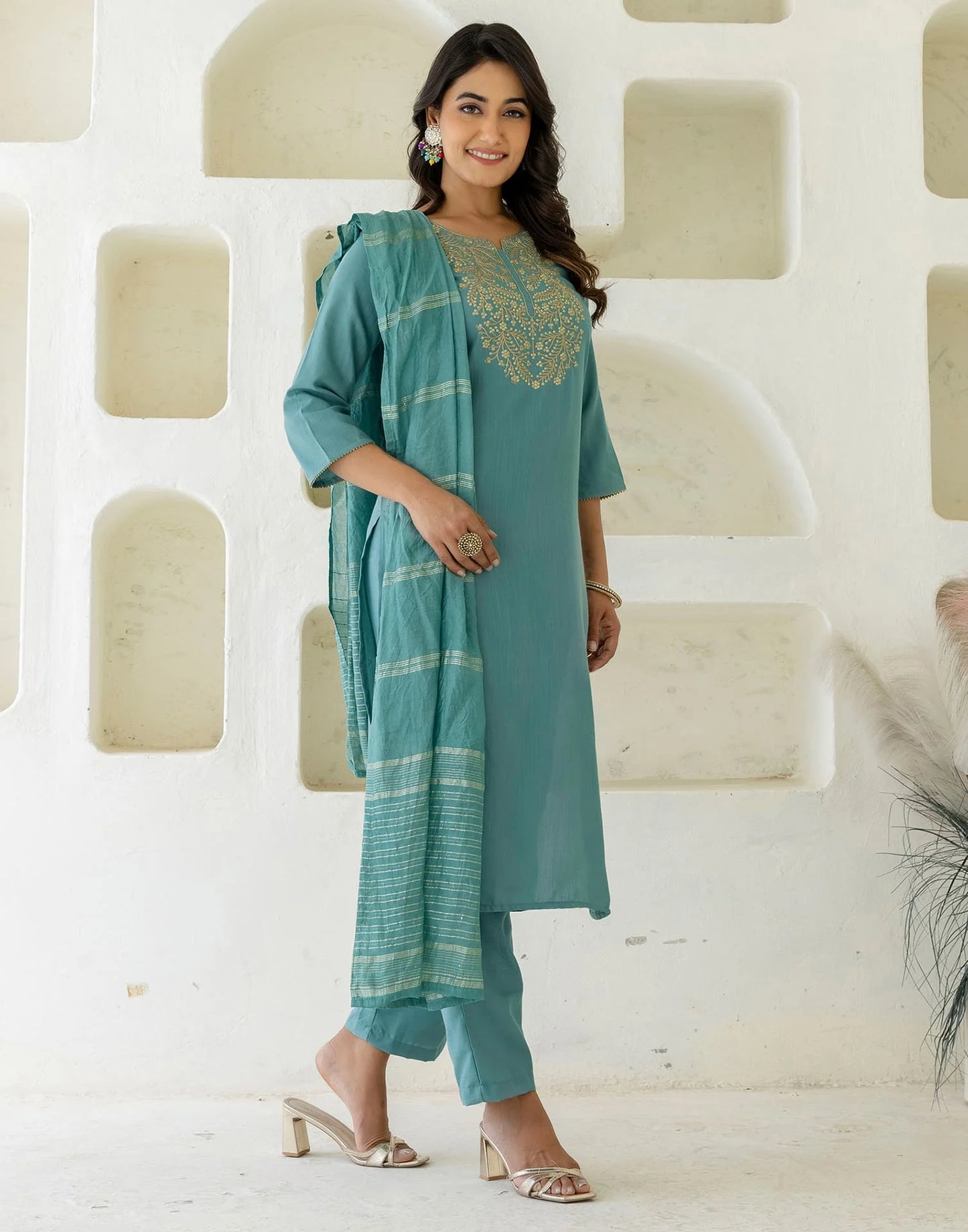 Light Green Cotton Embroidered Straight Kurta with Pant and Dupatta