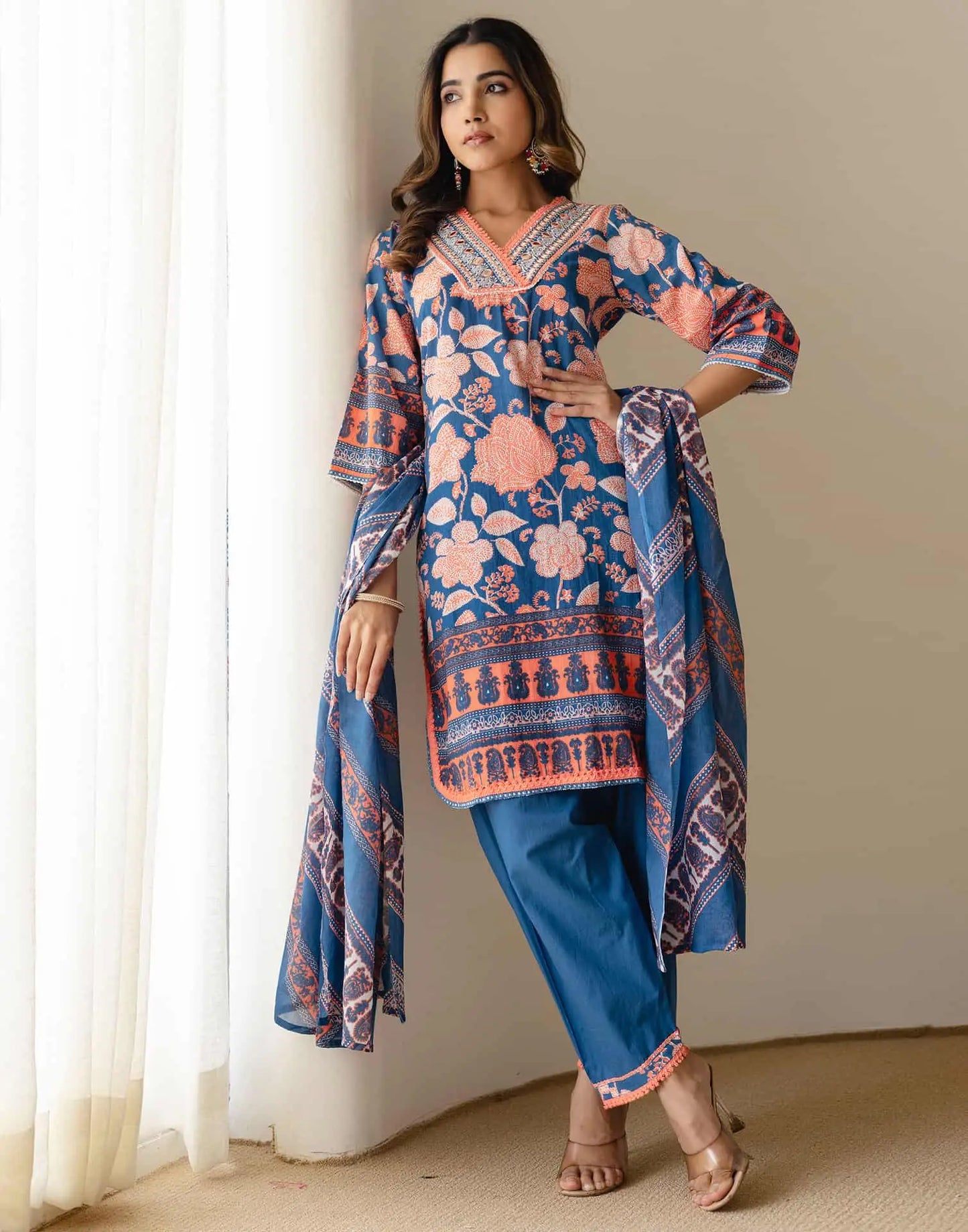 Affordable Blue Cotton Printed Straight Kurta Set with Patiala & Dupatta under 999