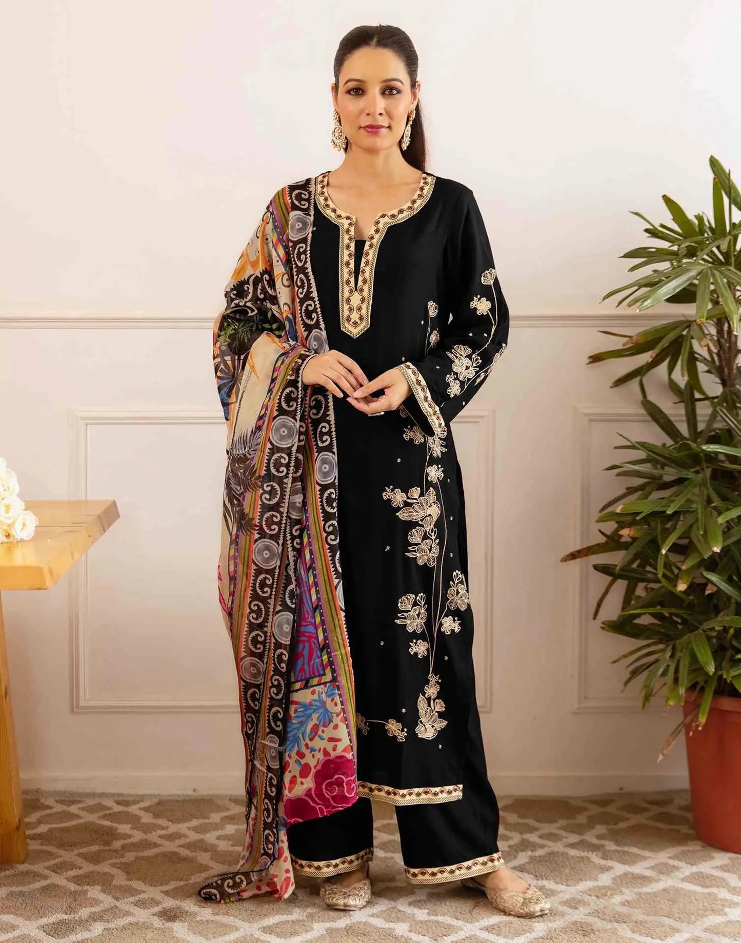 Rayon Embroidered Straight V-Neck Kurta with Pant & Dupatta