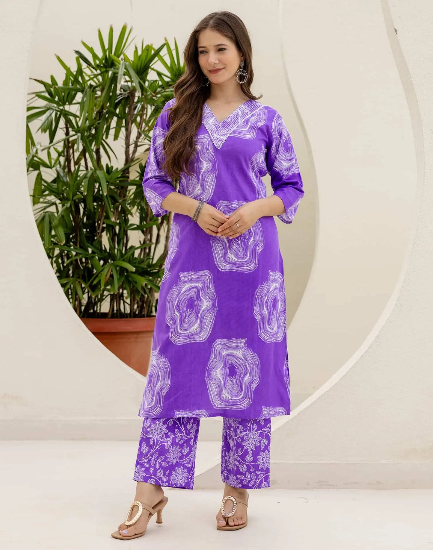 Cotton Straight Printed V-Neck Kurta with Pant & Dupatta