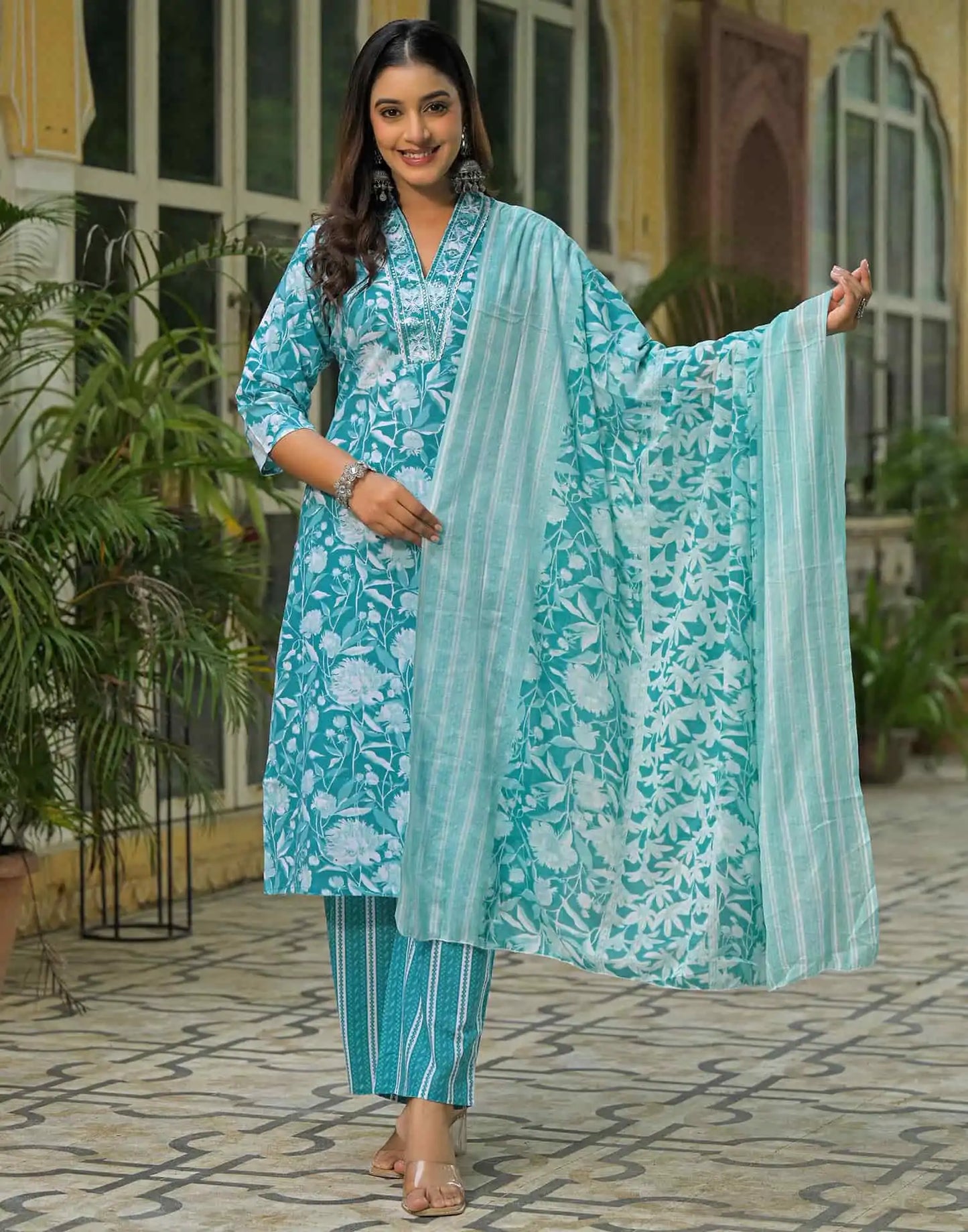 Cotton Printed Straight Kurta with Pant & Dupatta
