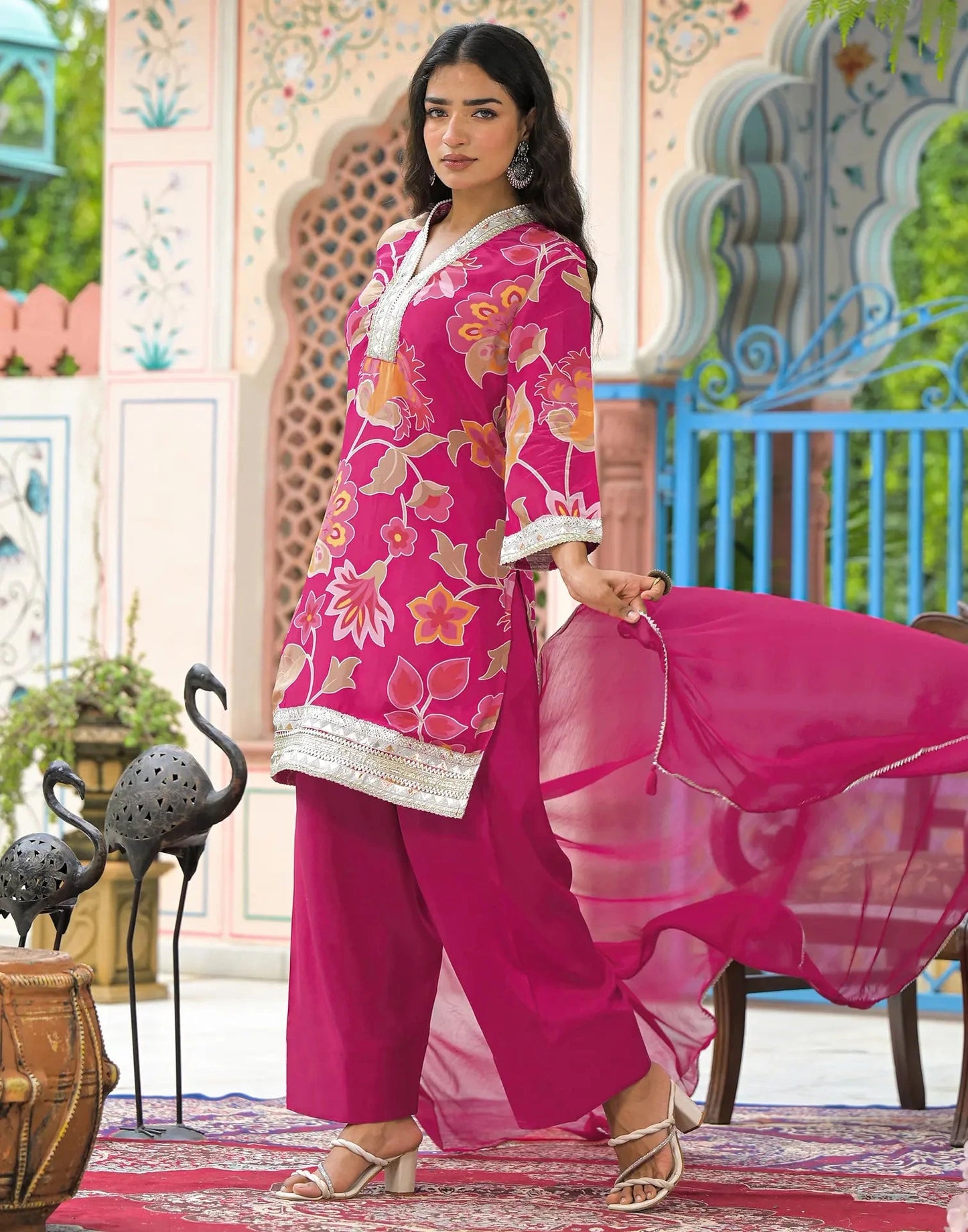 Crepe Printed V-Neck Straight Kurta with Pant & Dupatta