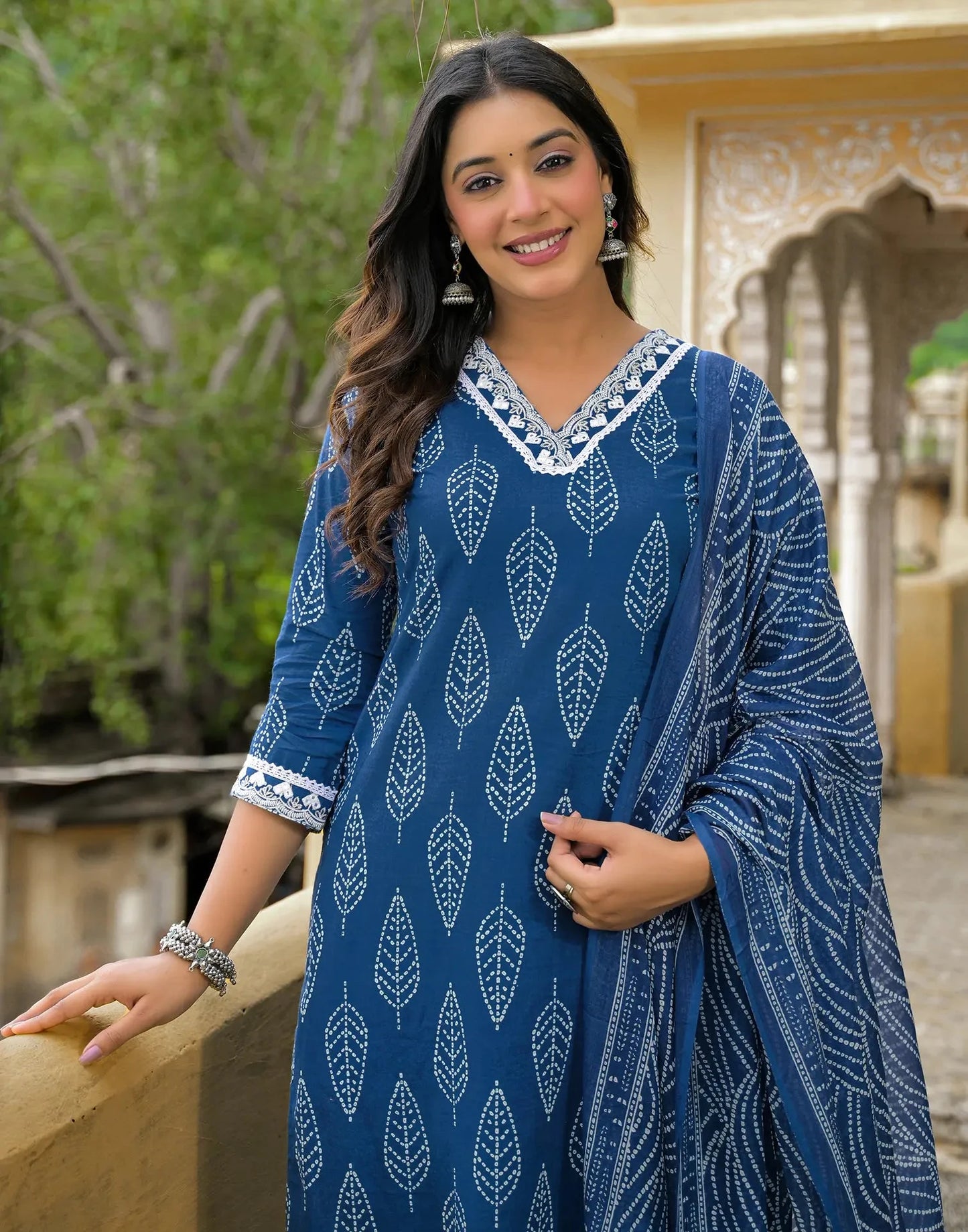 Cotton Printed V-Neck Straight Kurta with Pant & Dupatta