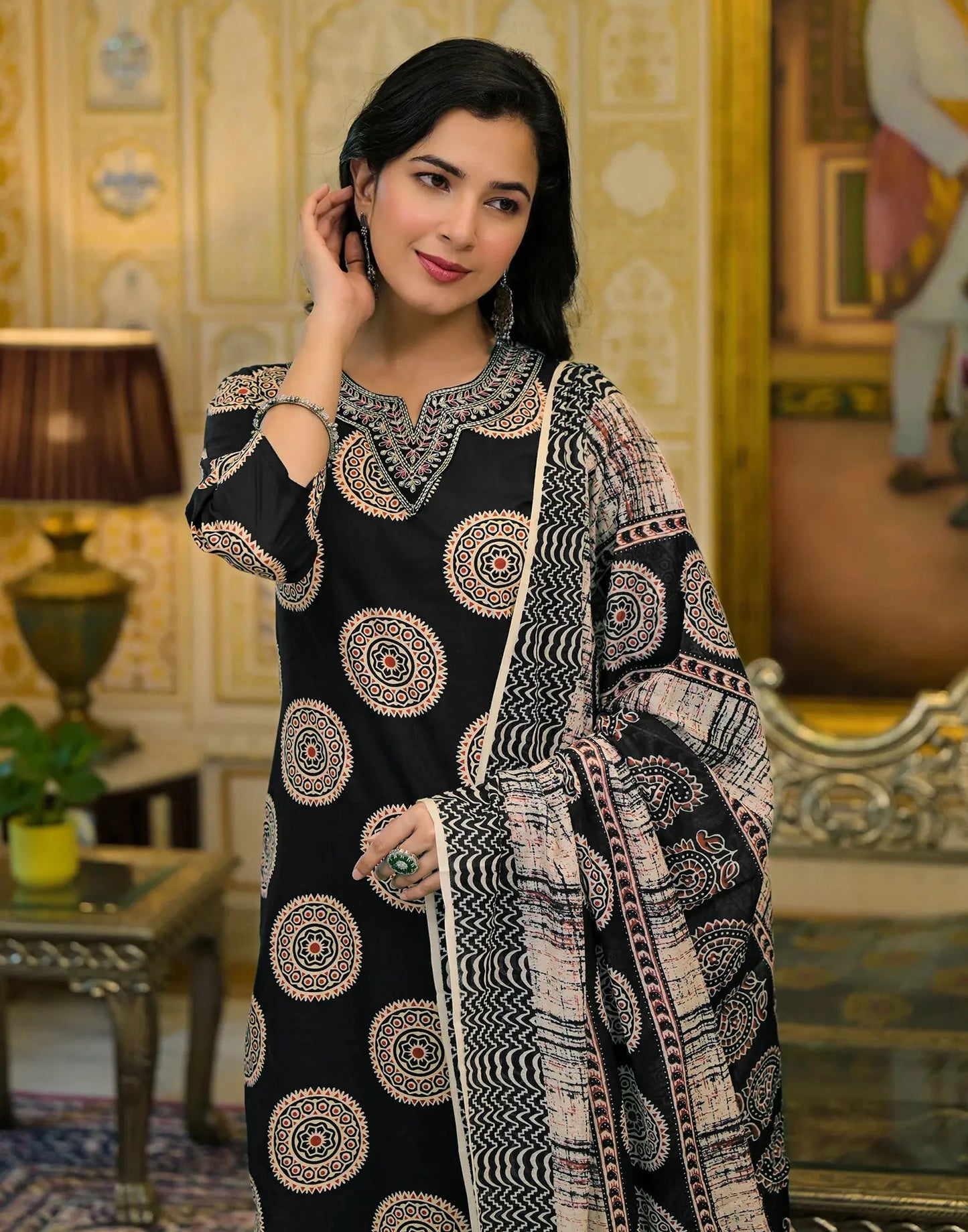 Cotton Embroidered V-Neck Straight Kurta with Pant & Dupatta