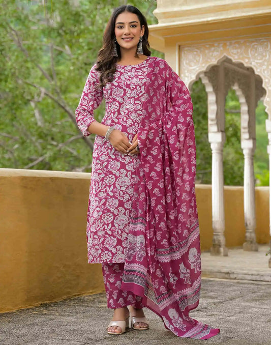 Cotton Straight Printed Round Neck Kurta with Pant & Dupatta
