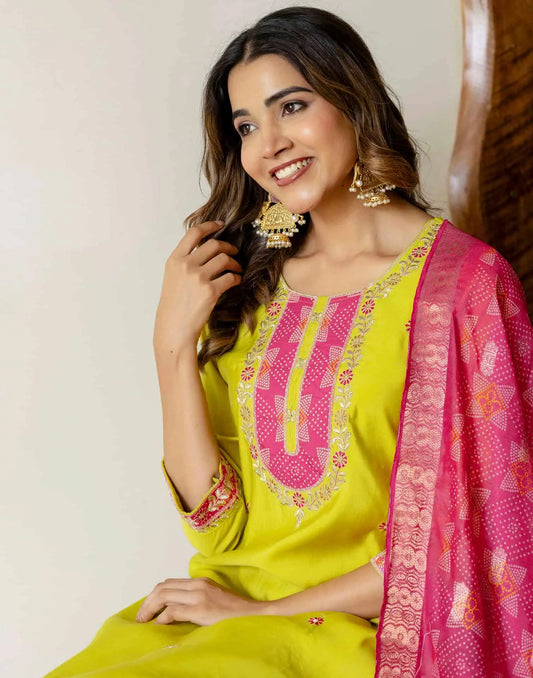 Yellow Silk Embroidered Straight Kurta Set with Pant & Dupatta under 1299 