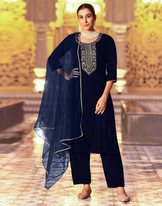 Affordable Navy Blue Velvet ethnic wear kurta set
