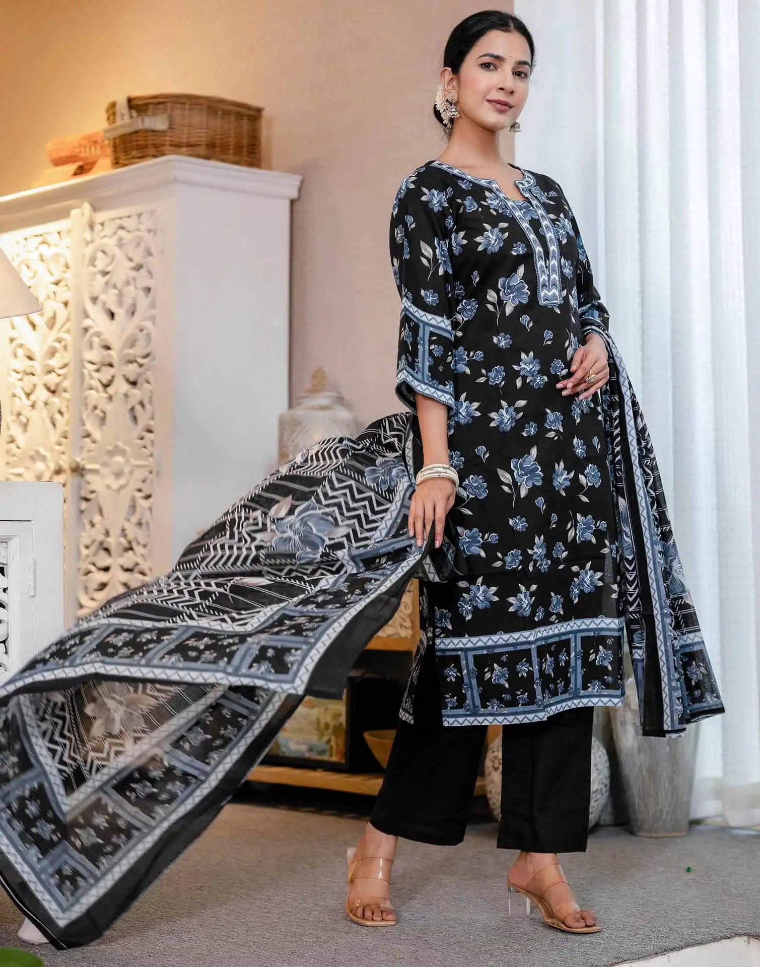 Affordable Blue Cotton Printed Straight Kurta Set with Pant & Dupatta under 799