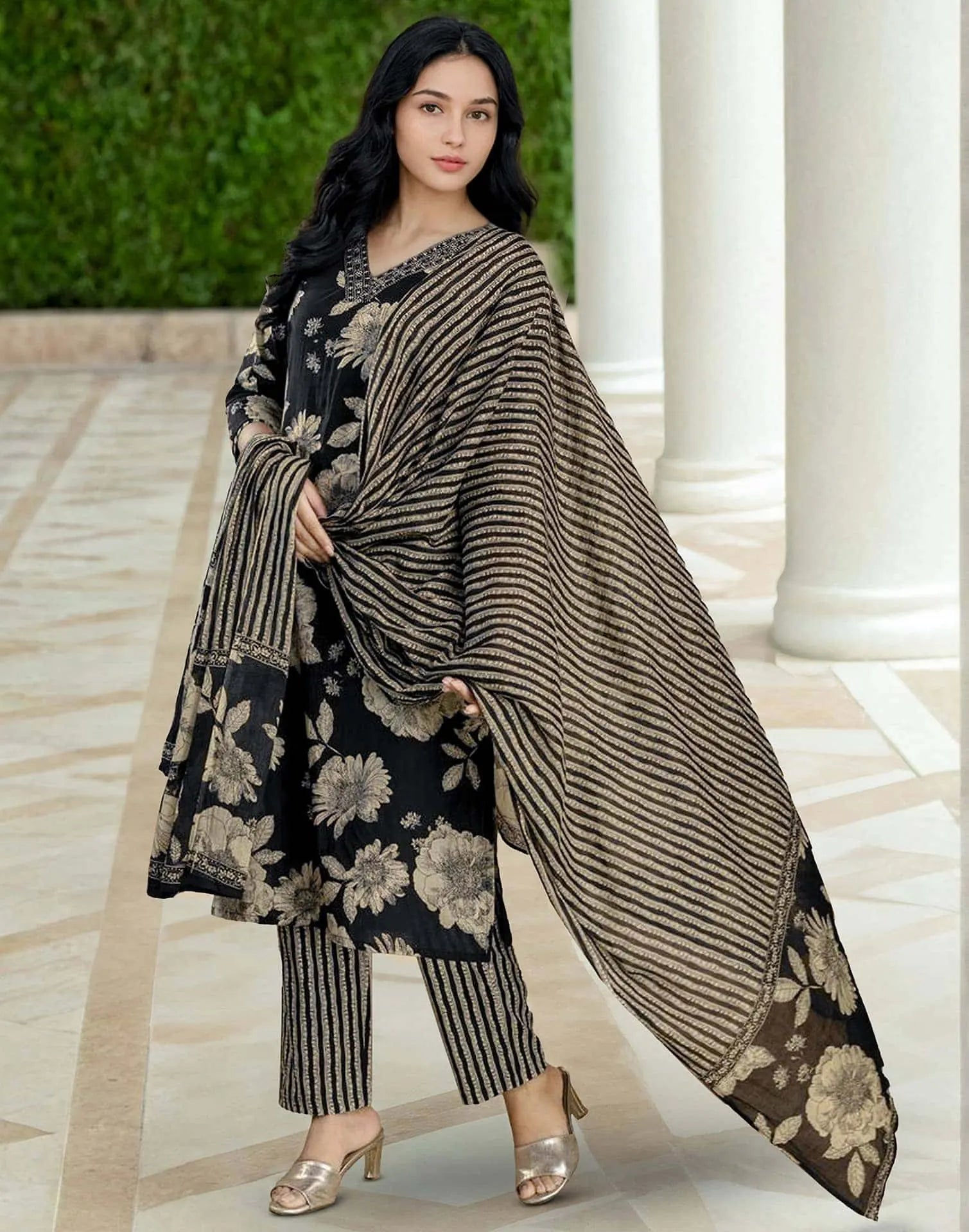 Skylee Viscose Rayon Floral Print Straight 3 Piece Kurta Set For Woman