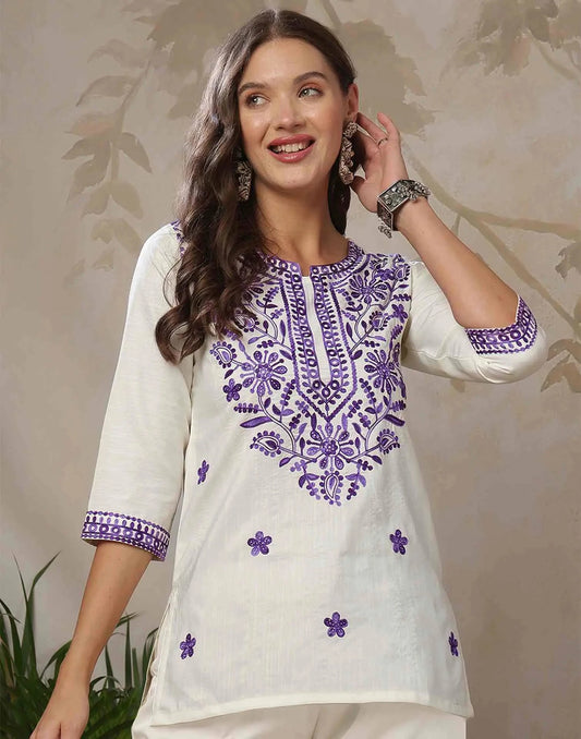 Cotton Blend Chikankari Straight Round Neck Short Kurti