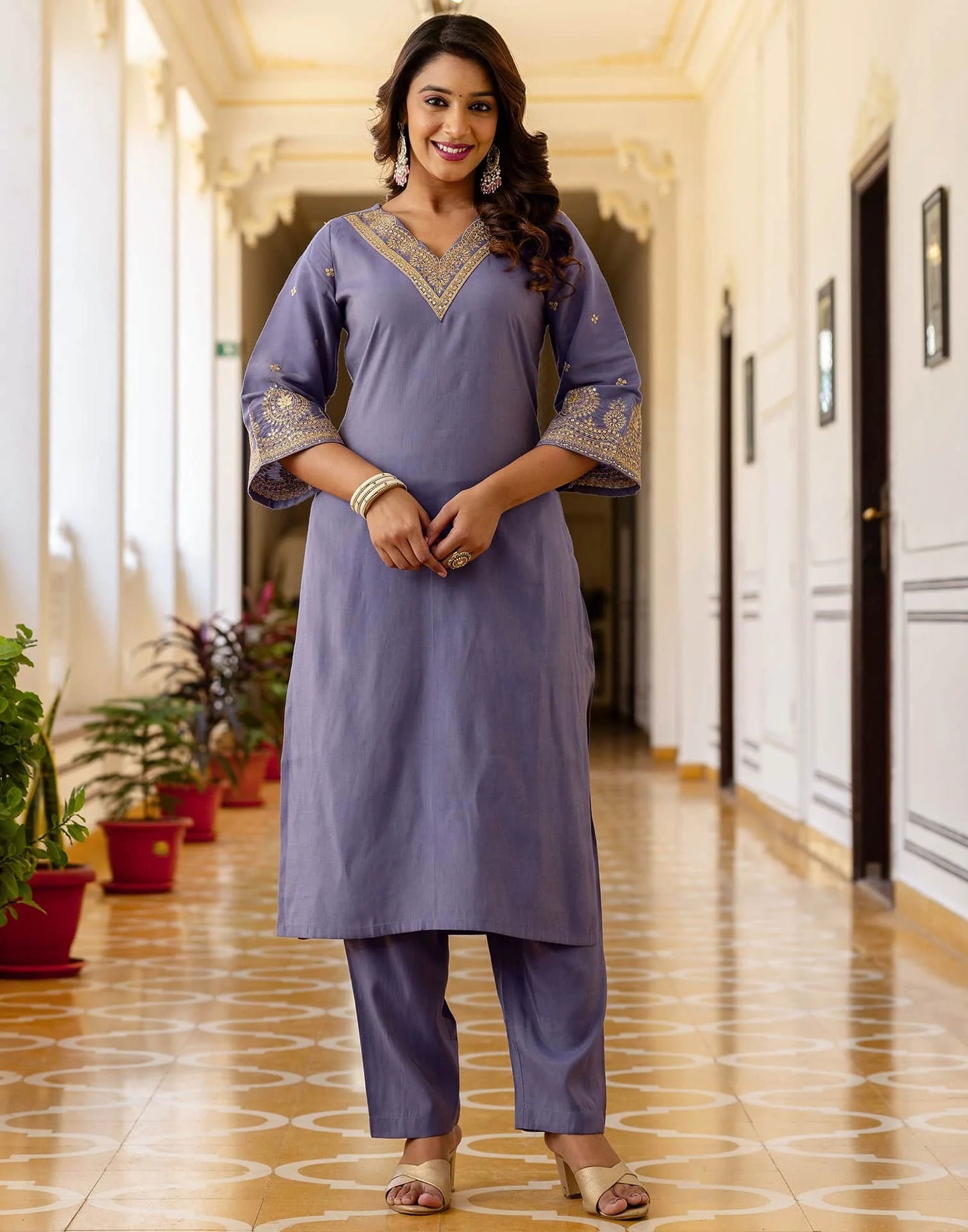 Silk Blend Embroidery and Sequins Work Straight Kurta with Pant & Dupatta