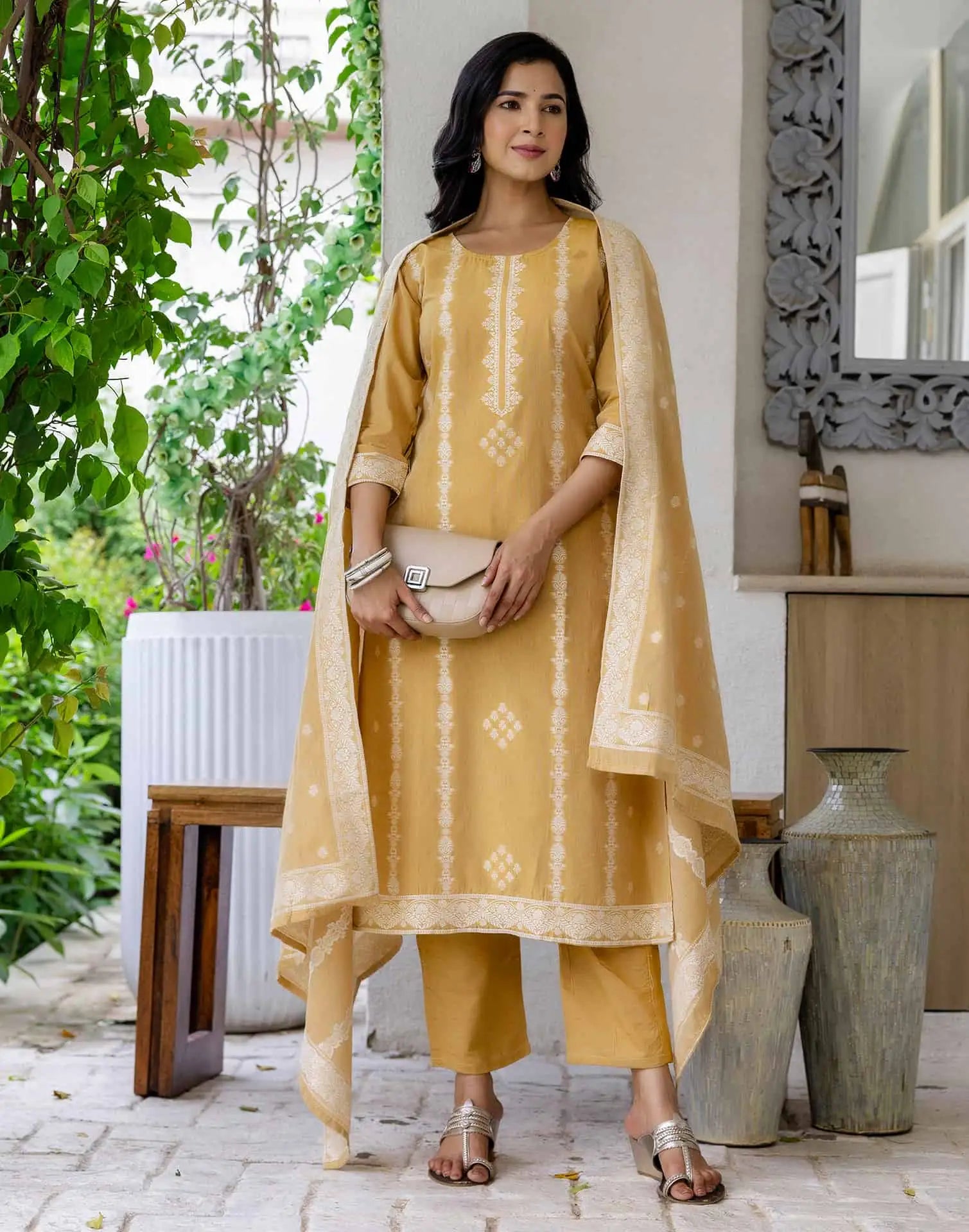 Yellow Cotton Straight Kurta Set with Pant and Dupatta under 1250 