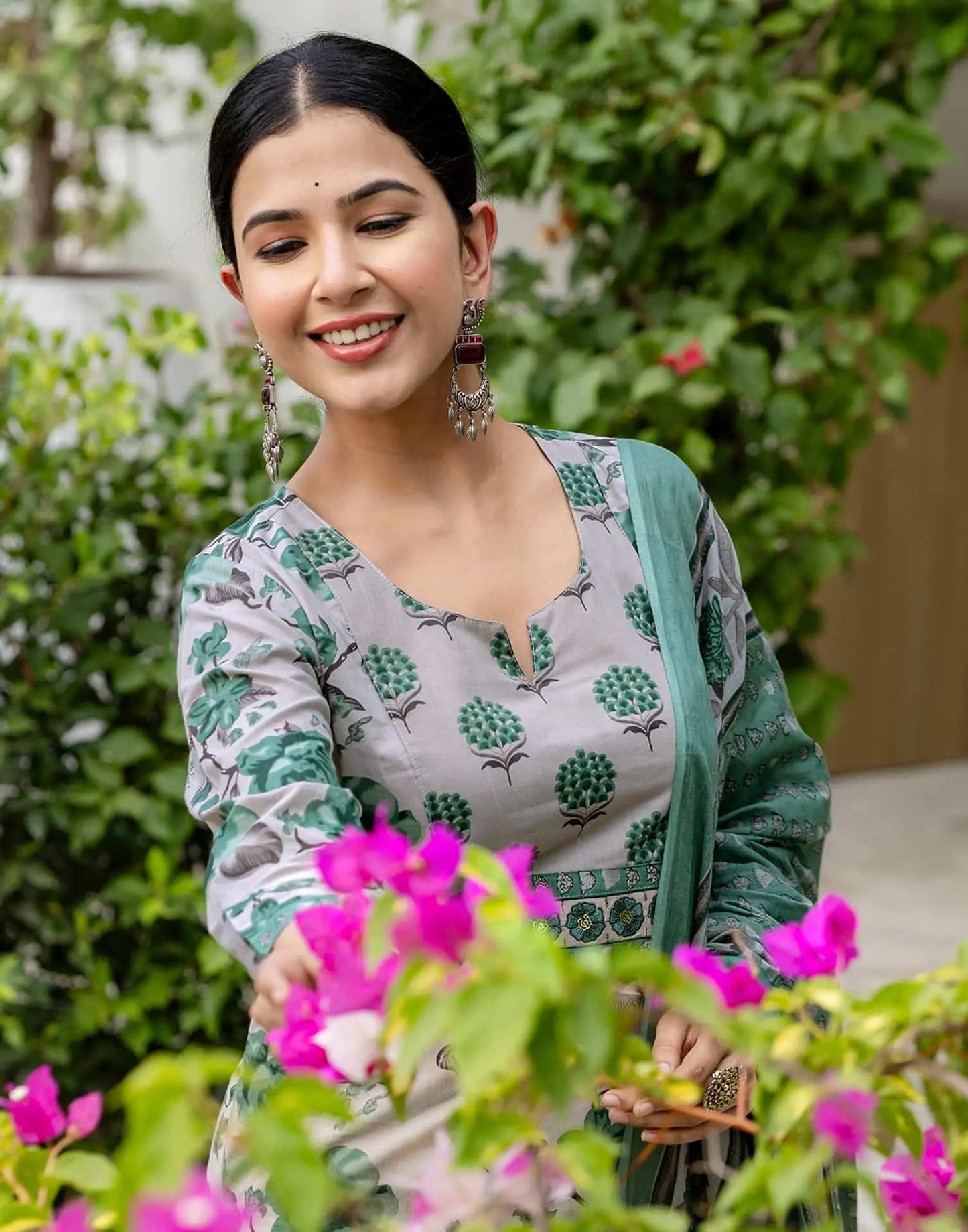 Grey Cotton Printed Straight Kurta Set with Pant and Dupatta