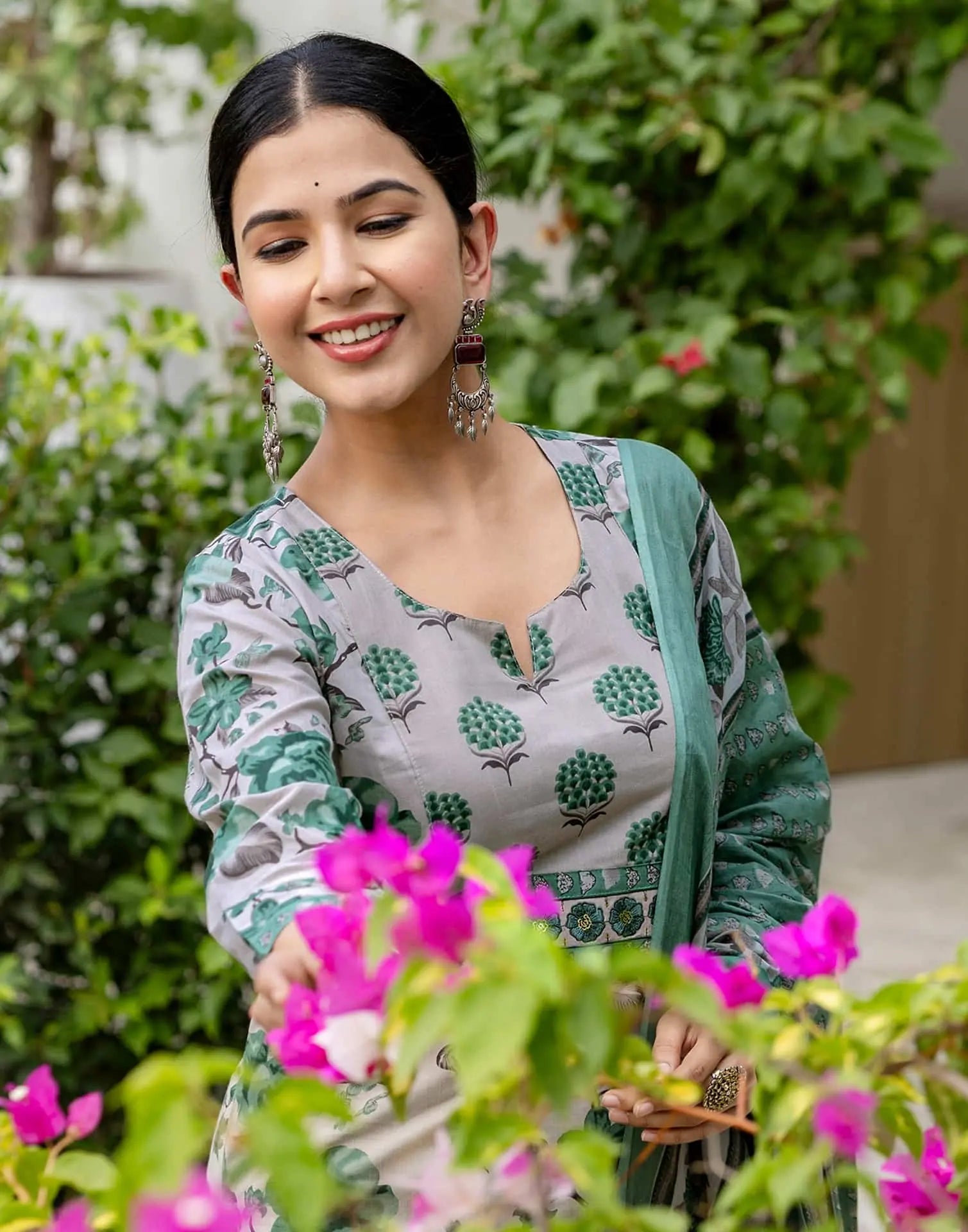 Grey Cotton Printed Straight Kurta Set with Pant and Dupatta