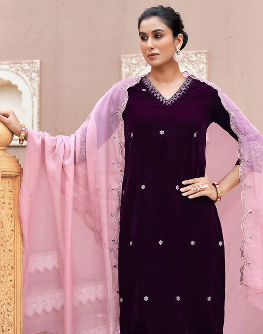 Affordable Wine velvet kurta set with pant dupatta and dupatta