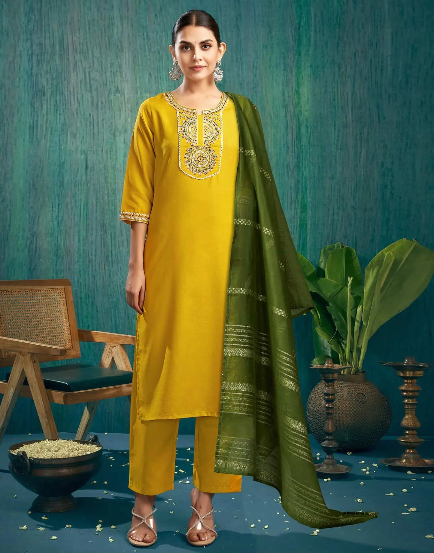 Cotton Blend Embroidery and Lace Straight Kurta with Pant & Dupatta